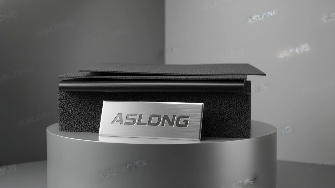 A professional display of MLV, Butyl Rubber, and NBR Foam sound insulation materials with an ASLONG branded plaque.