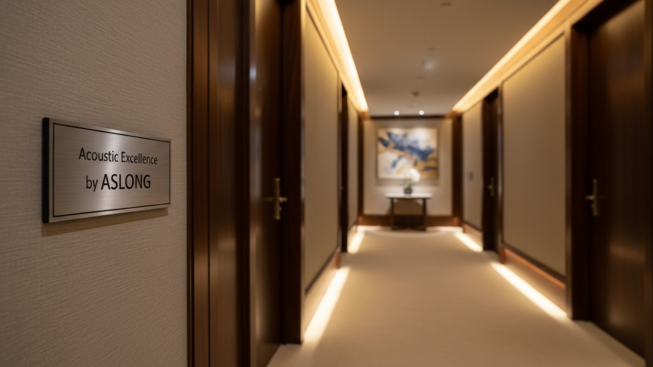 A quiet and elegant luxury hotel hallway with a wall plaque certifying the use of ASLONG acoustic soundproofing materials.