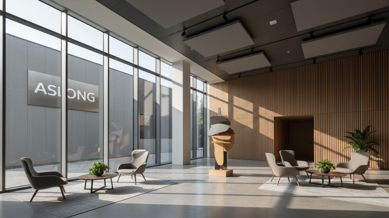 A quiet and modern commercial interior reflecting successful sound insulation with the ASLONG logo visible on the wall.