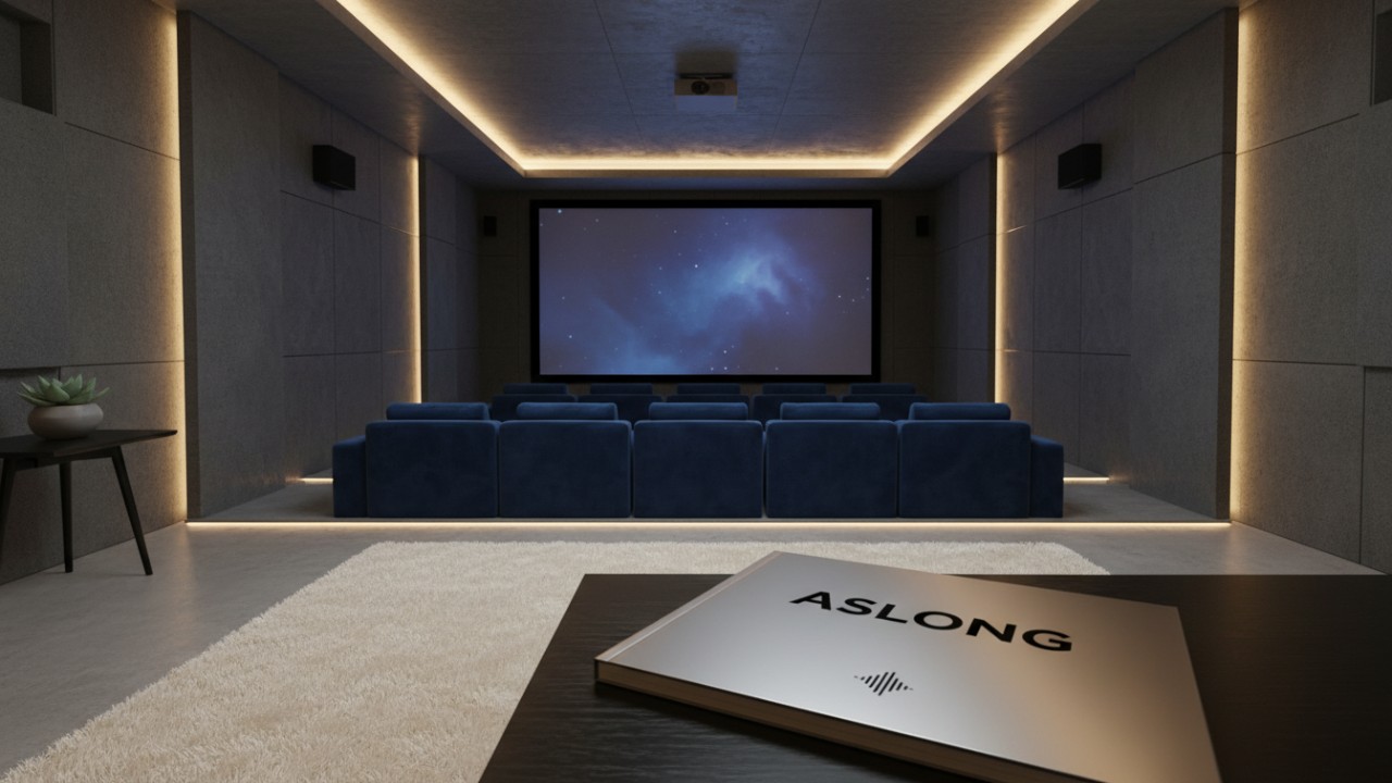 A quiet and peaceful modern home cinema representing the successful result of using ASLONG acoustic solutions.