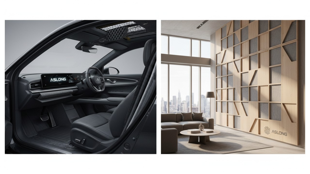 A split visual showing automotive sound insulation and architectural acoustic panels with ASLONG branding in both settings.