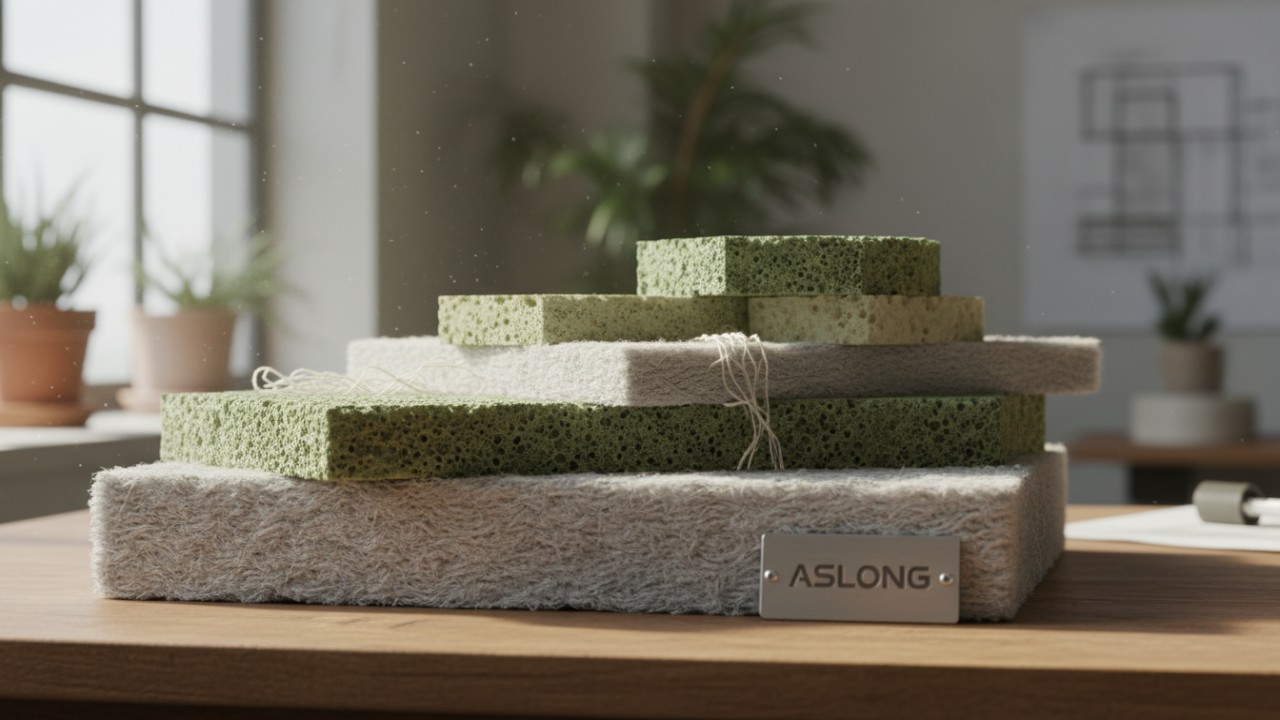 A variety of eco friendly acoustic panels made from recycled materials with the ASLONG brand name on a plaque.
