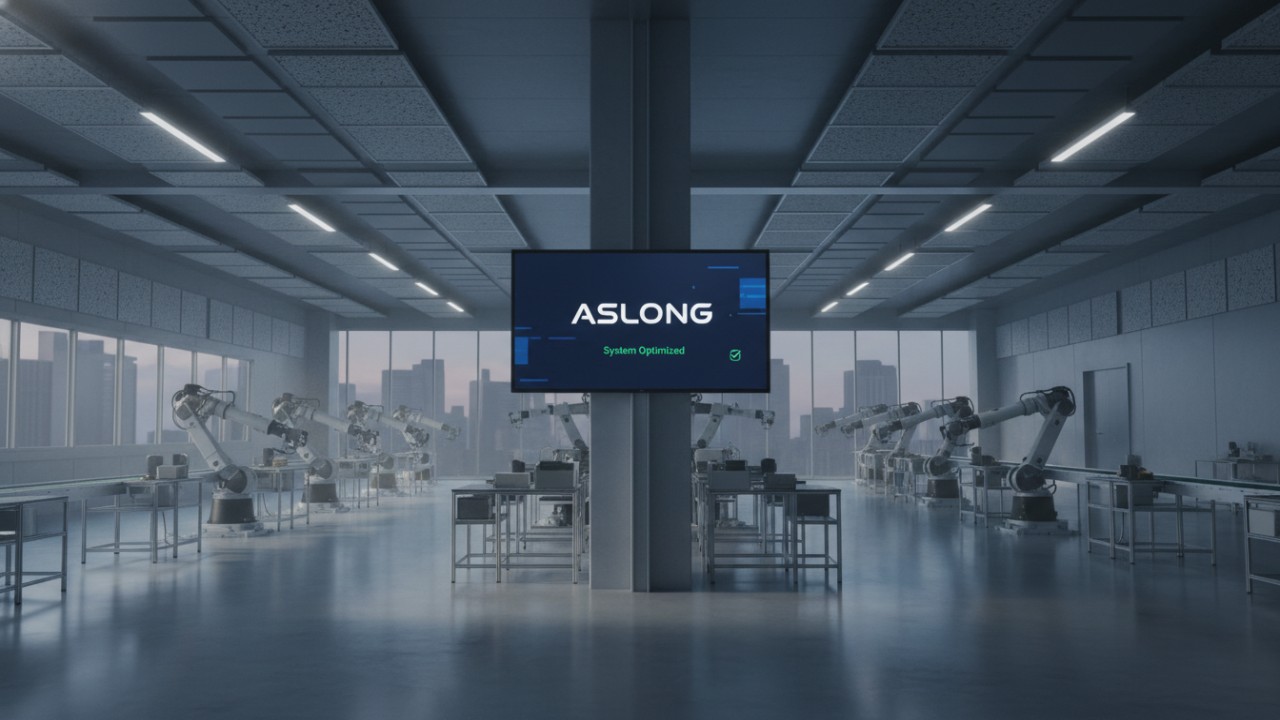 A wide view of a modern and quiet factory interior featuring the ASLONG logo on a digital facility monitor