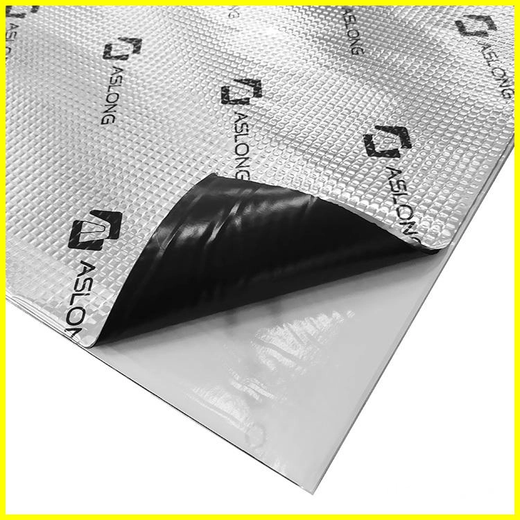 ASLONG sound deadening sheet with aluminum foil backing, black polymer layer, and white adhesive backing.