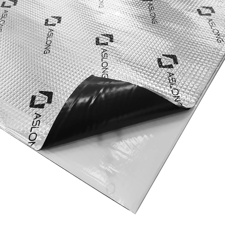 ASLONG sound deadening sheet with aluminum foil backing, black polymer layer, and white adhesive backing. ASLONG sound deadening sheet with aluminum foil backing, black polymer layer, and white adhesive backing.