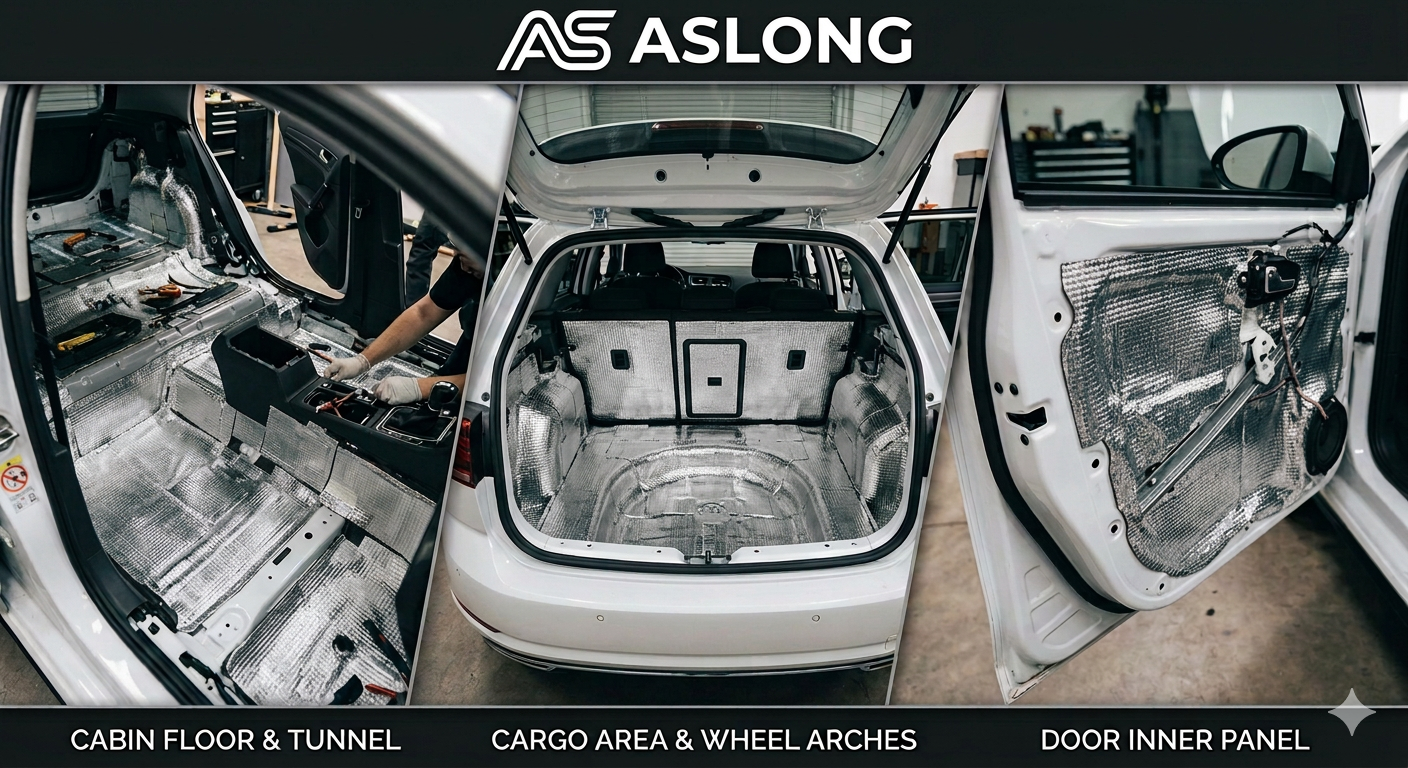 Car interior soundproofing installation detail.