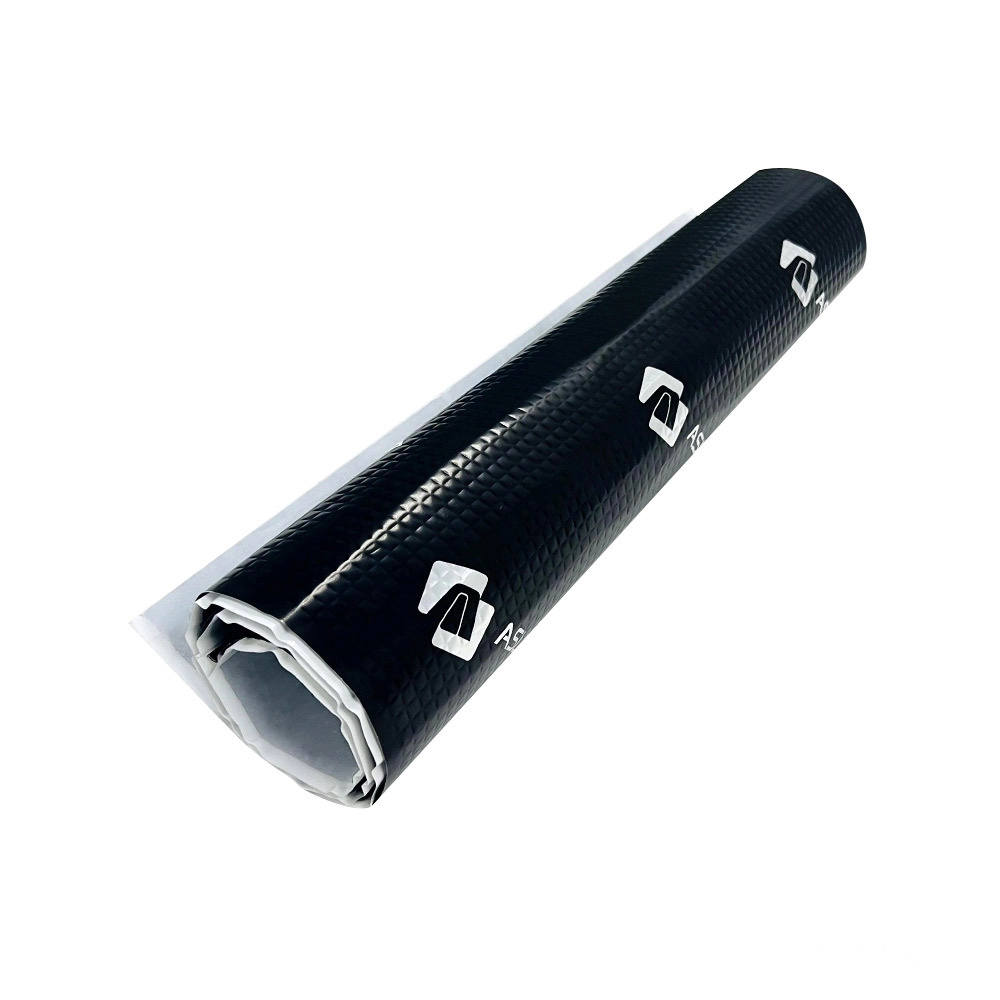 Rolled black sound dampening material with white logo.