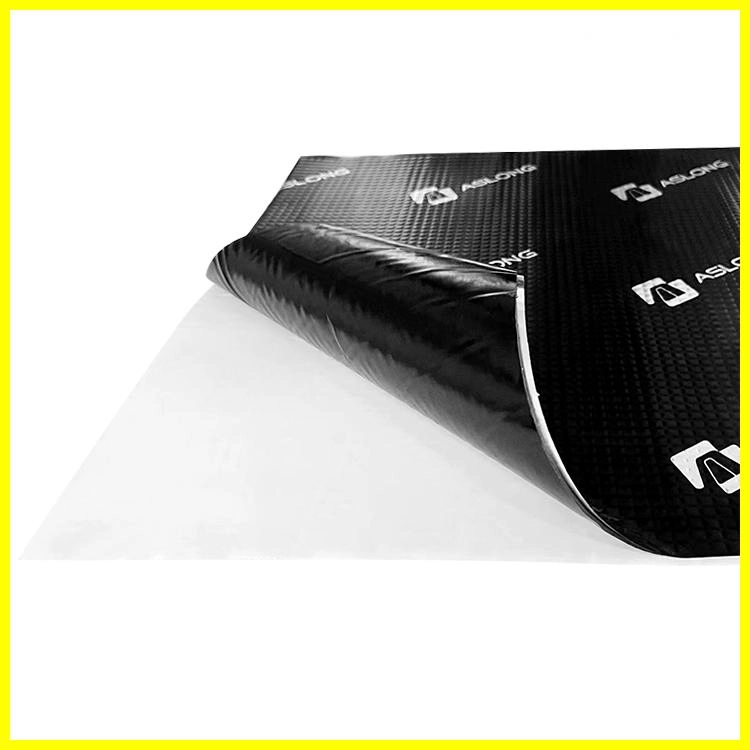 Aslong brand sound dampening mat with a peel-away adhesive backing.