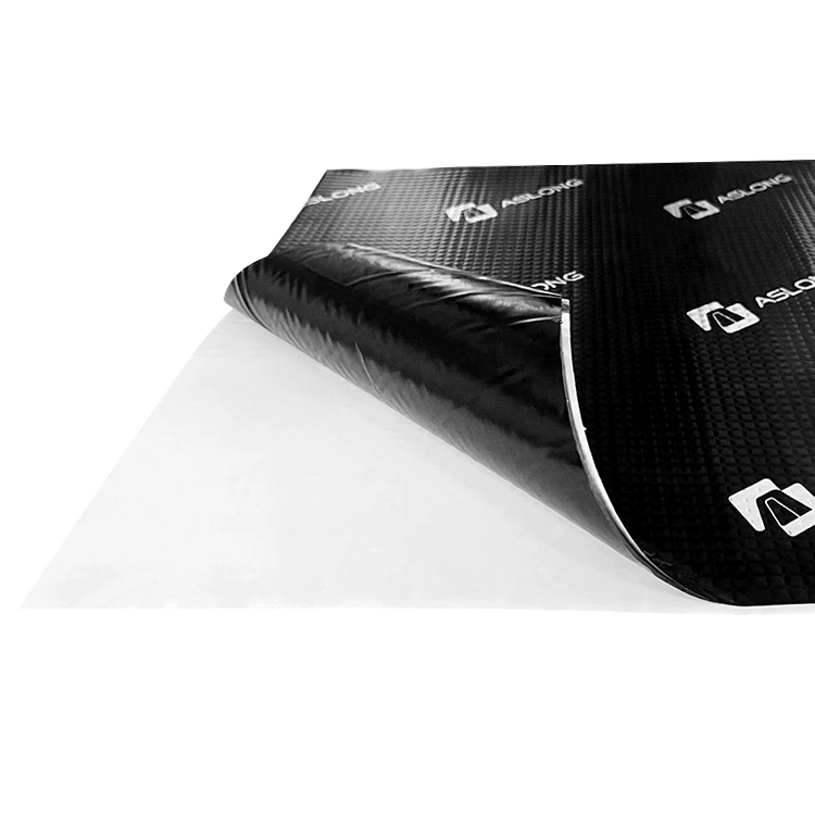 Aslong brand sound dampening mat with a peel-away adhesive backing.