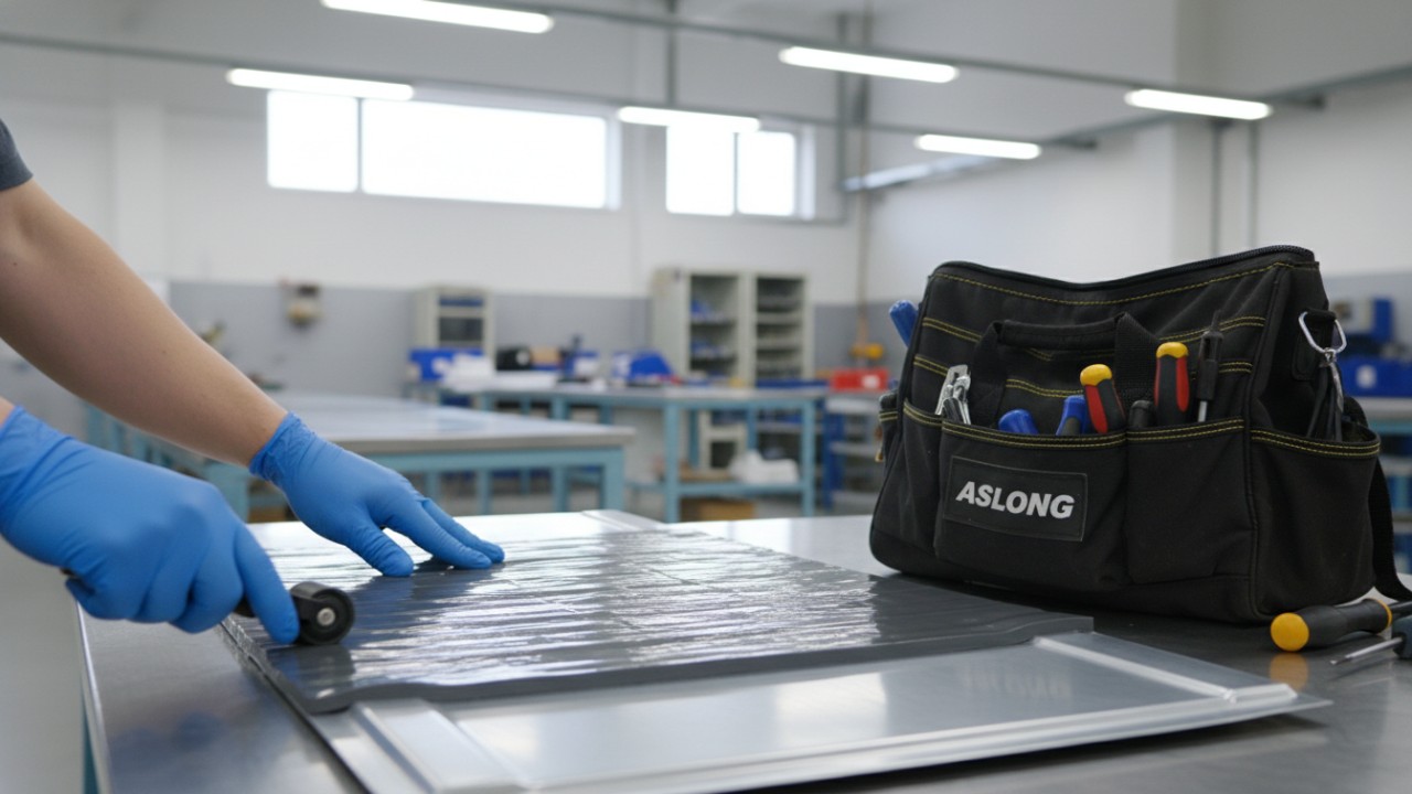 Close up photo of a technician installing acoustic damping material with an ASLONG branded tool bag nearby