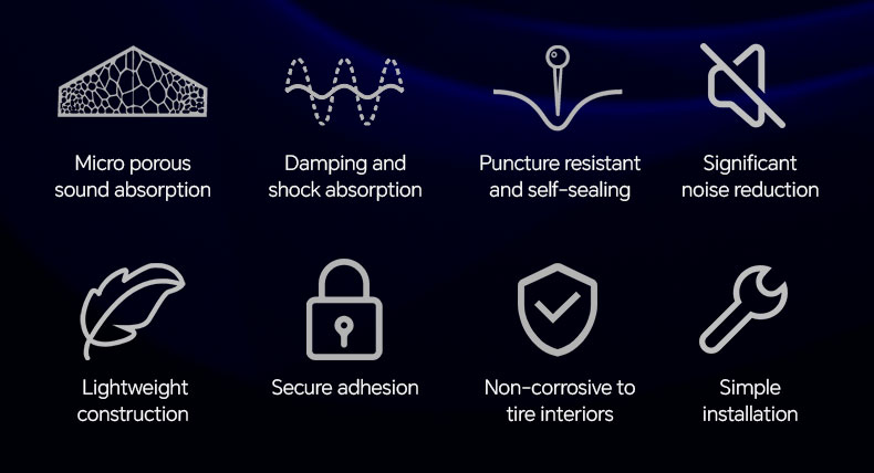 Tire technology features: noise reduction, shock absorption, puncture resistance, and lightweight design.