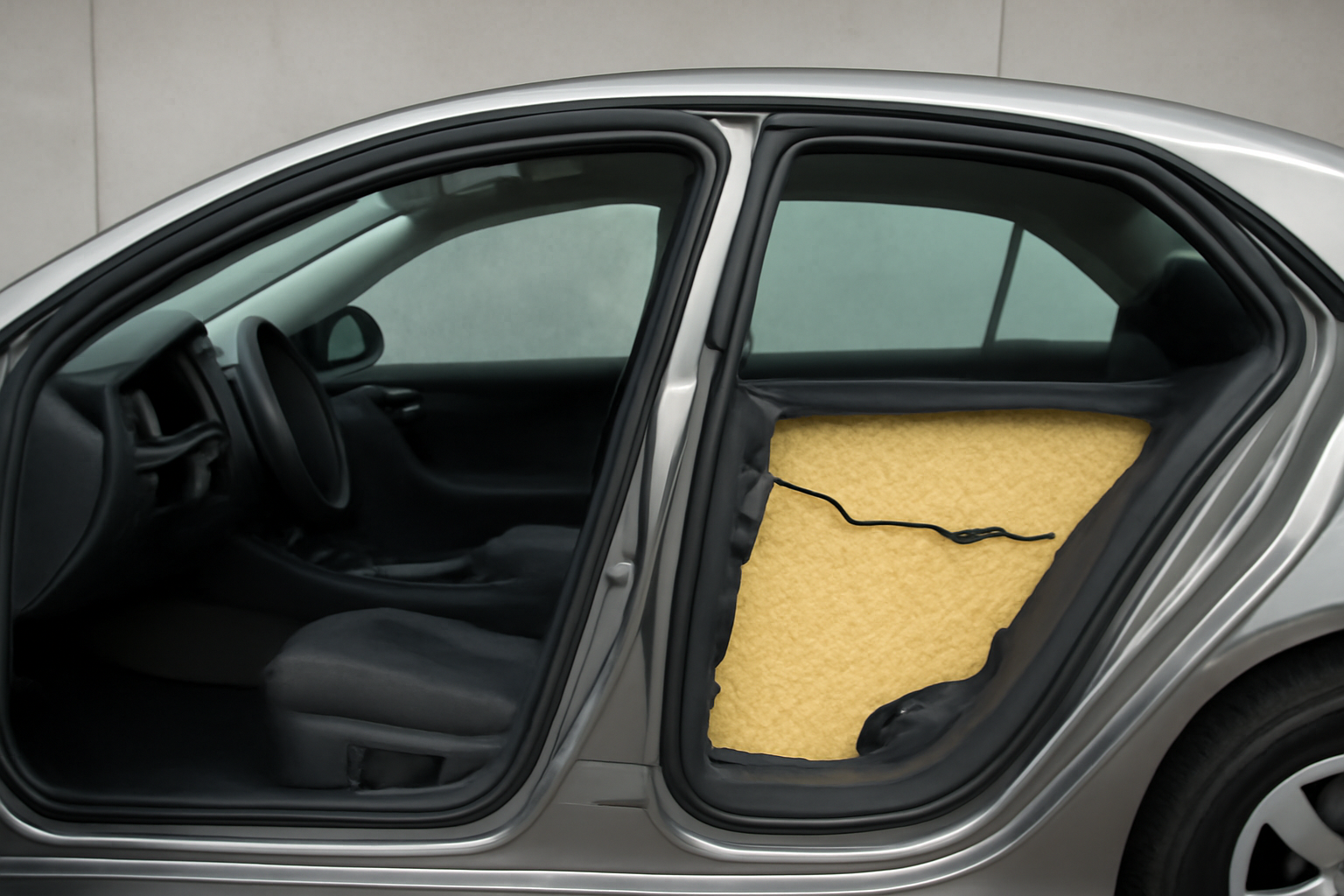 Car with interior door panel removed, exposing insulation. Car with interior door panel removed, exposing insulation.