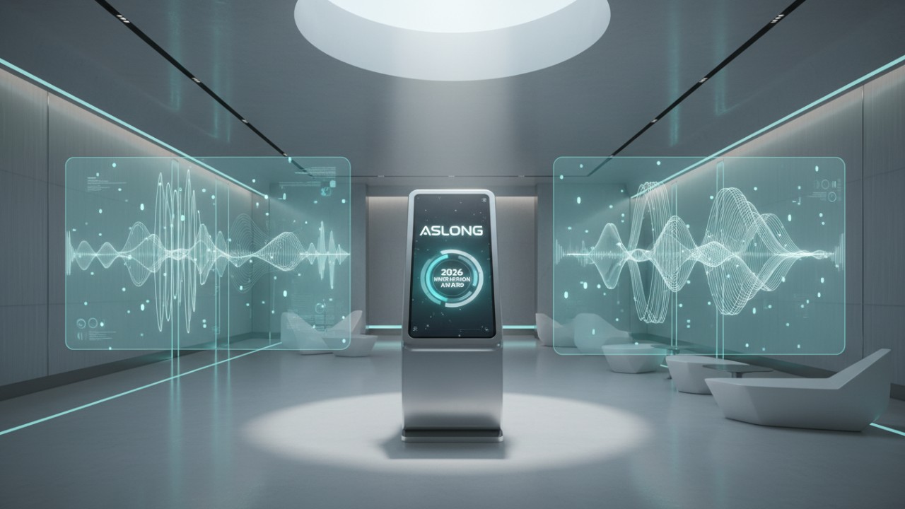 Futuristic hotel lobby visualization showing 2026 acoustic innovations and sound wave data with the ASLONG brand logo on a digital screen.