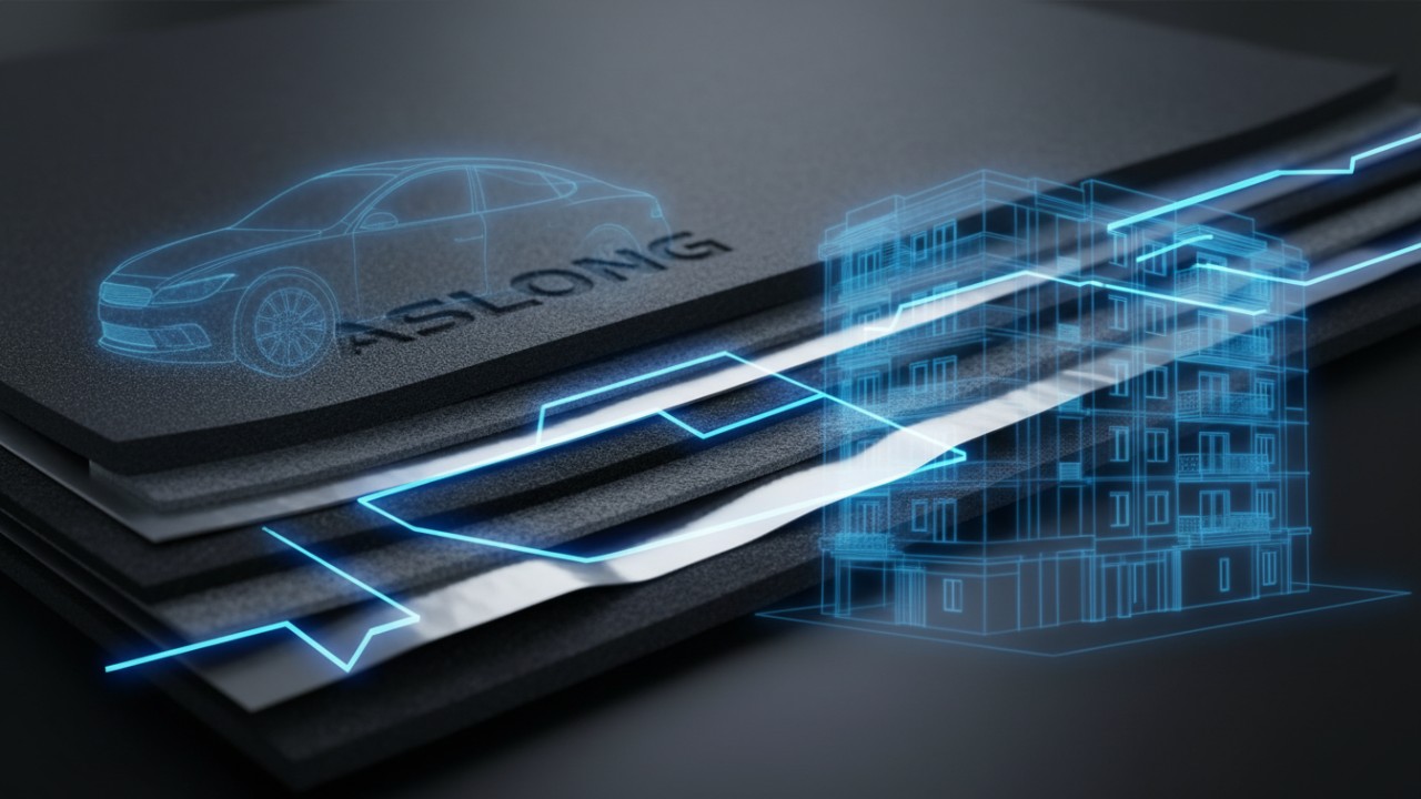 Innovative acoustic material science visualization with the ASLONG brand name embossed on a damping mat