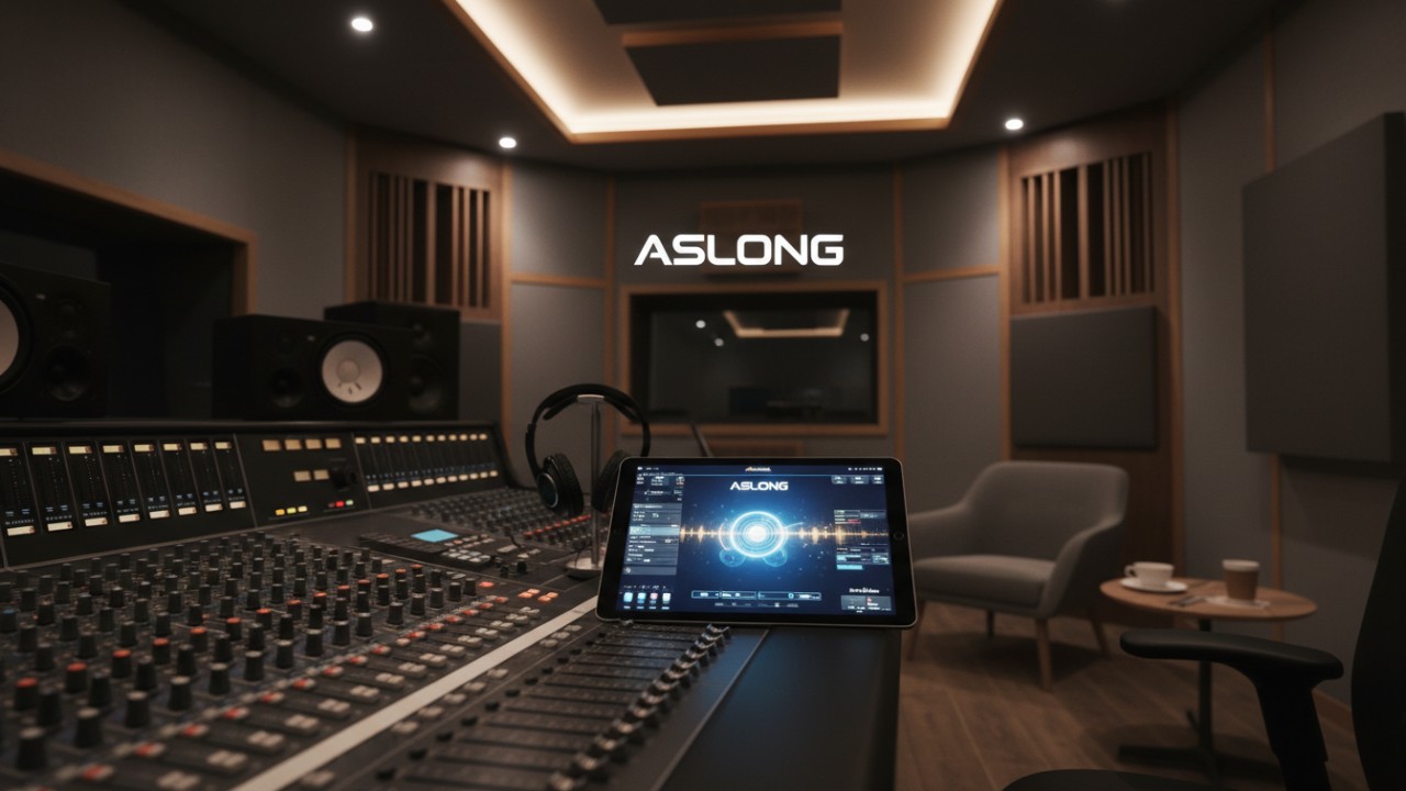 The interior of a completed high-end recording studio with the ASLONG logo displayed on a digital screen.
