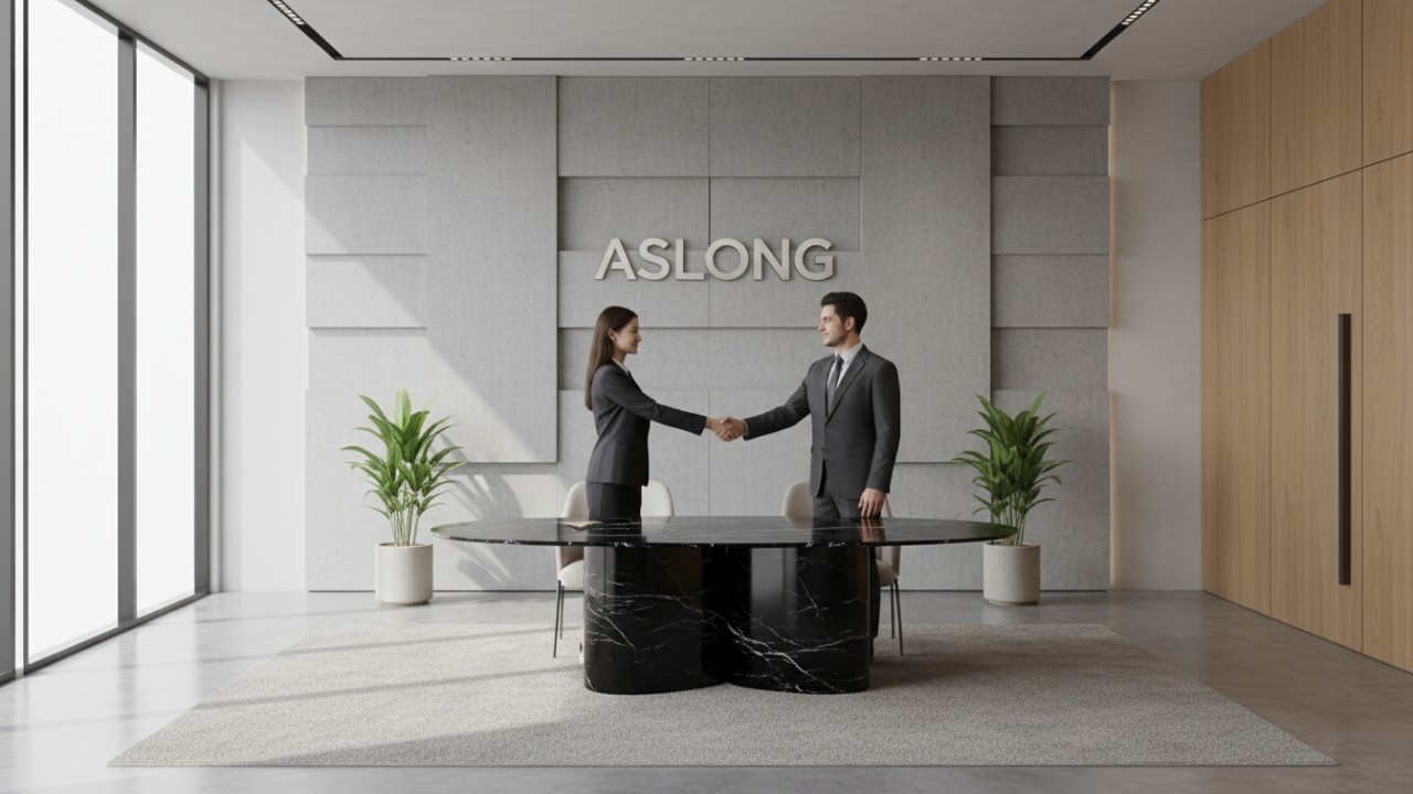 Two business professionals shaking hands in a quiet modern office featuring an ASLONG corporate sign on the wall.