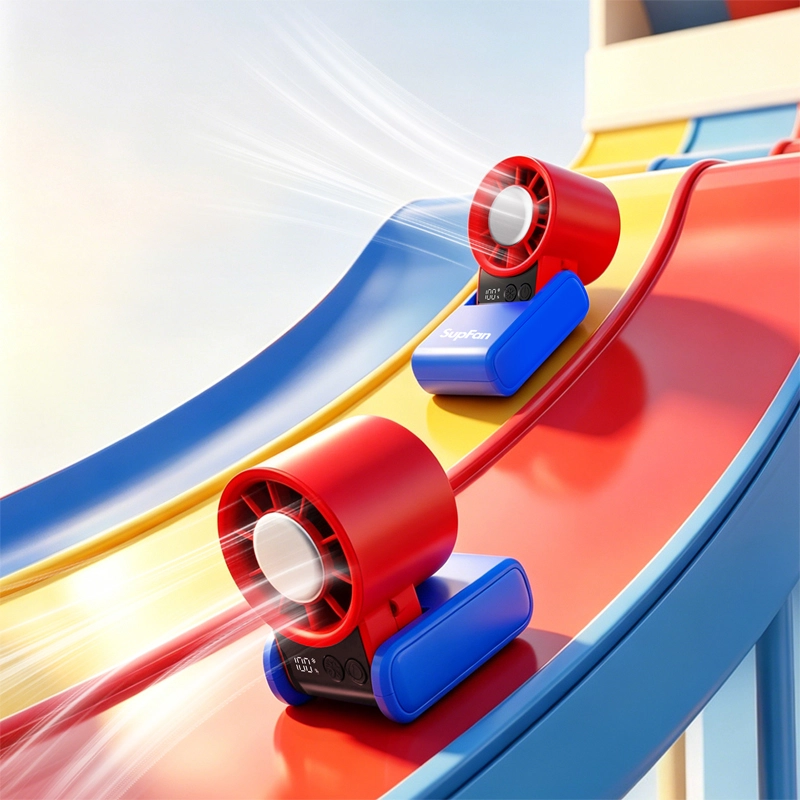 supfan-portable-cooling-hand-fan - RYW Portable Cooling Hand Fan, Supifan red-blue mini handheld cooler fans on colorful playground slide - RYW