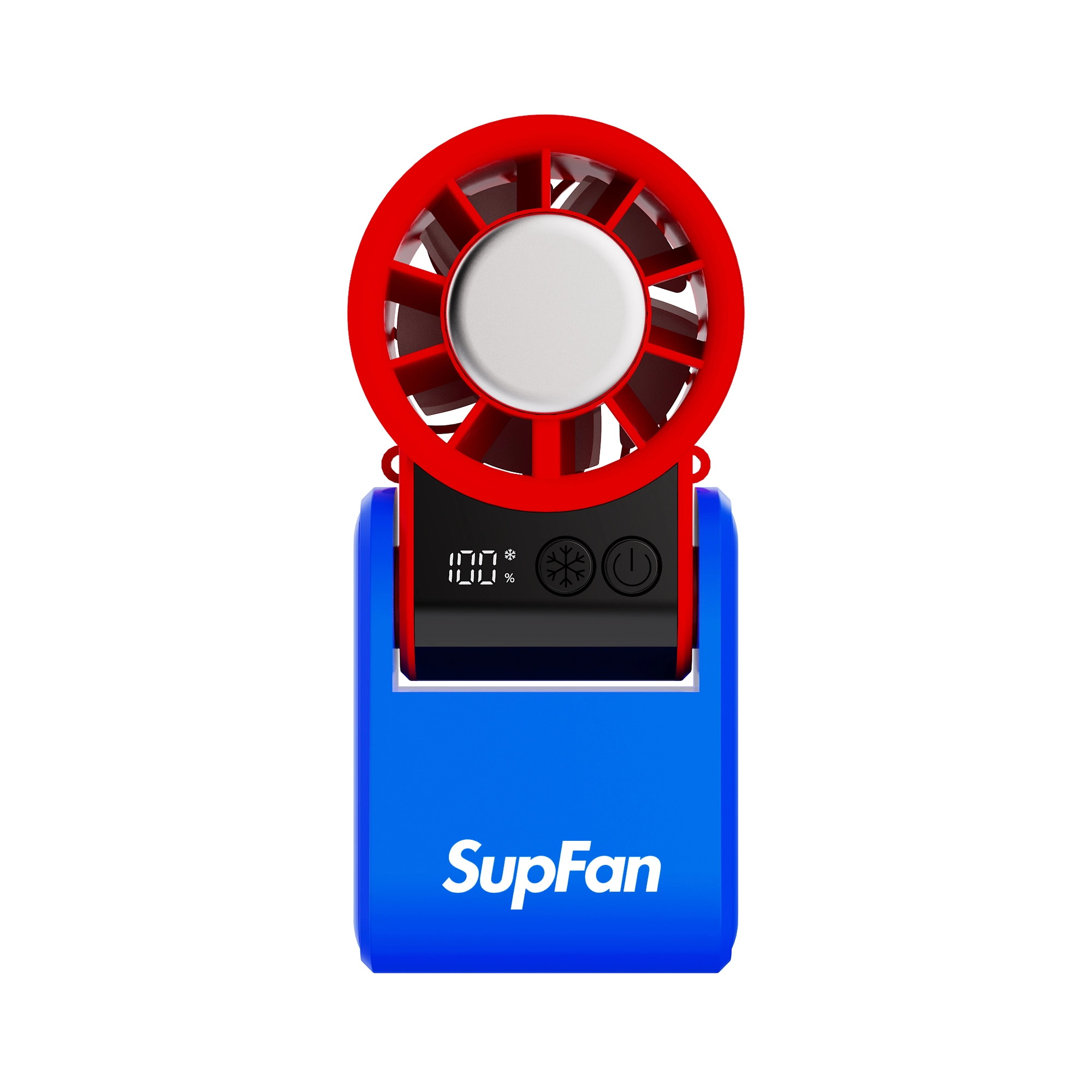 Handheld folding cooling fan - RYW red and blue lightweight mini portable handheld cooling fan, front view isolated on white backgroun - RYW