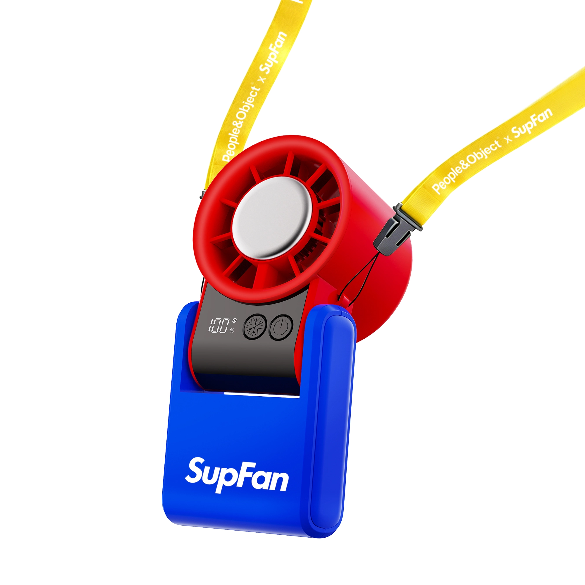 Portable Cooling Hand Fan, Supifan red-blue mini handheld cooler fan equipped with yellow lanyard, white background - RYW
