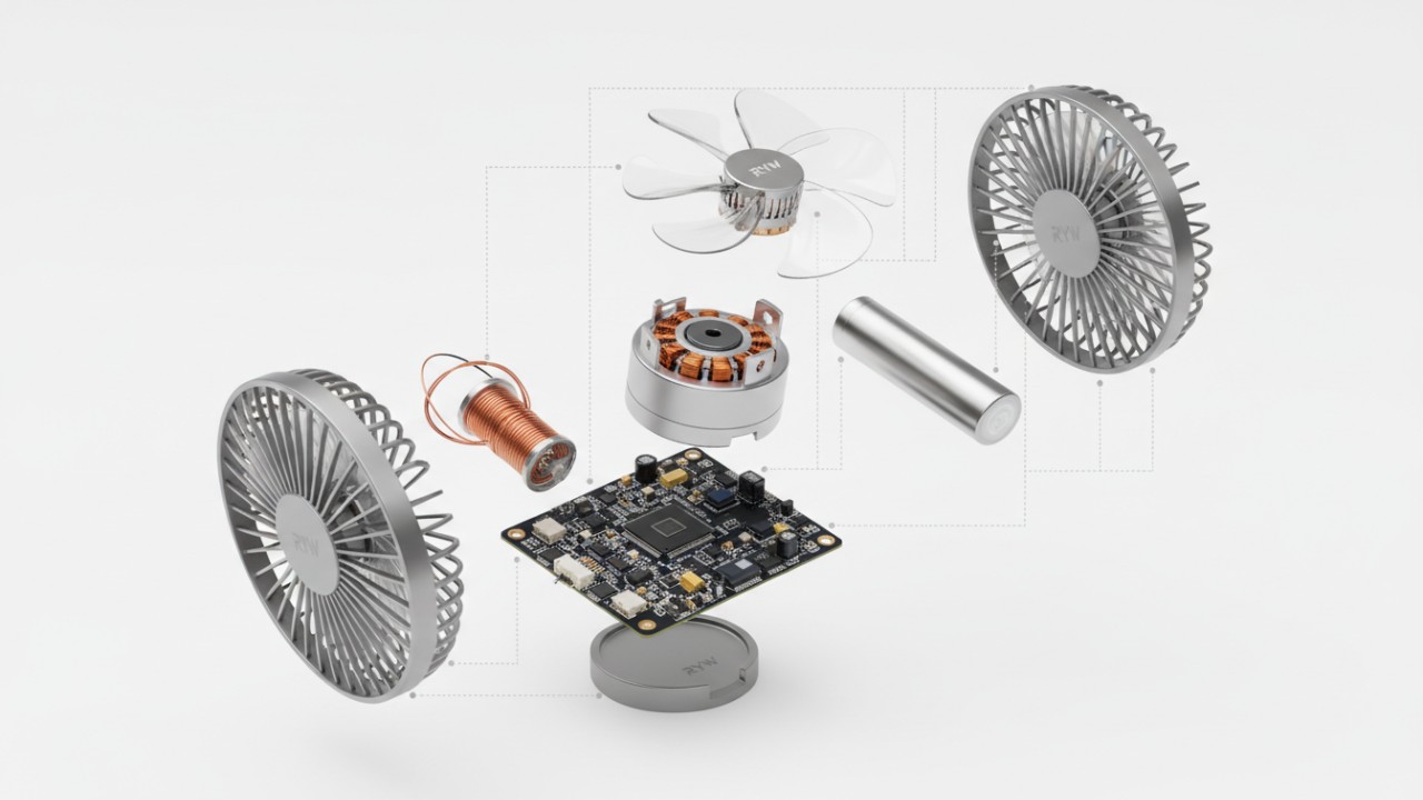 Exploded view diagram showing internal brushless motor and technical components of a portable fan
