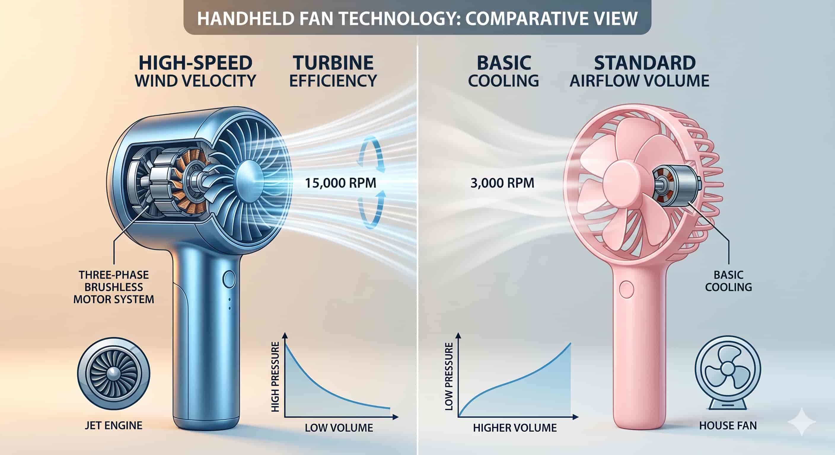 Comparison of high-speed turbine handheld fan vs. standard handheld fan.