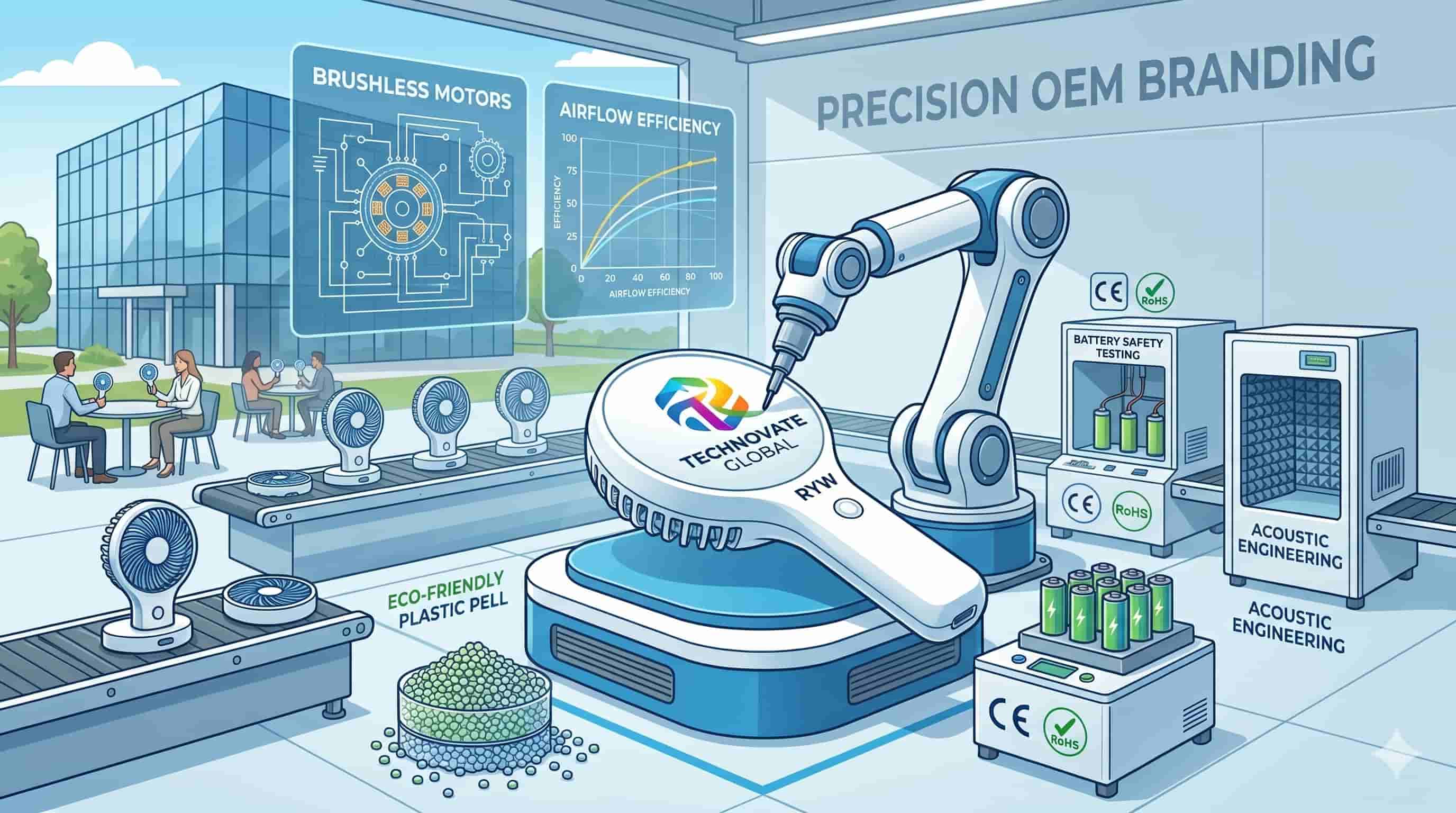 Robotic arm branding a handheld fan in a precision OEM manufacturing facility.