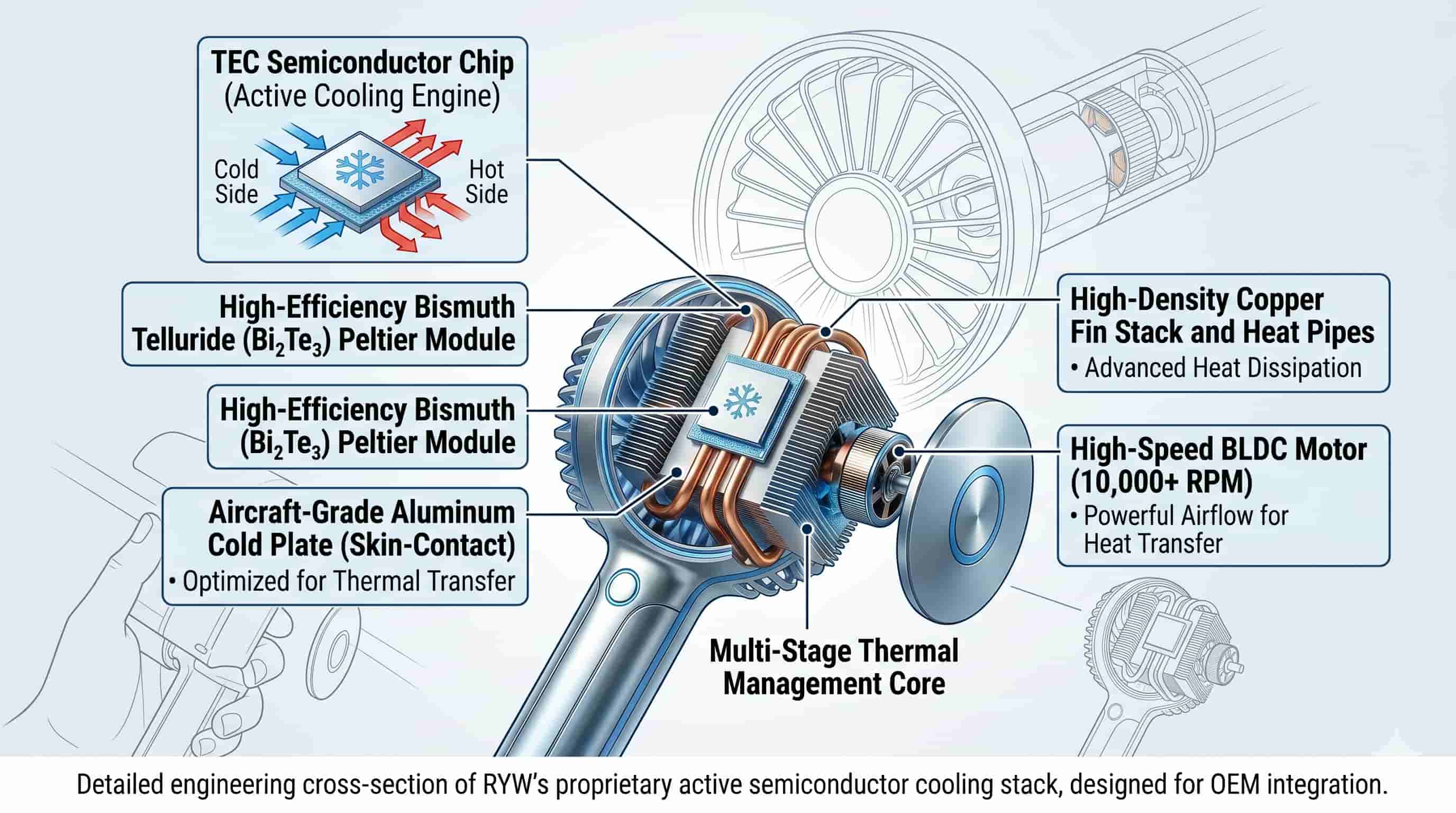 Diagram of RYW's active semiconductor cooling stack for OEM integration. Diagram of RYW's active semiconductor cooling stack for OEM integration.