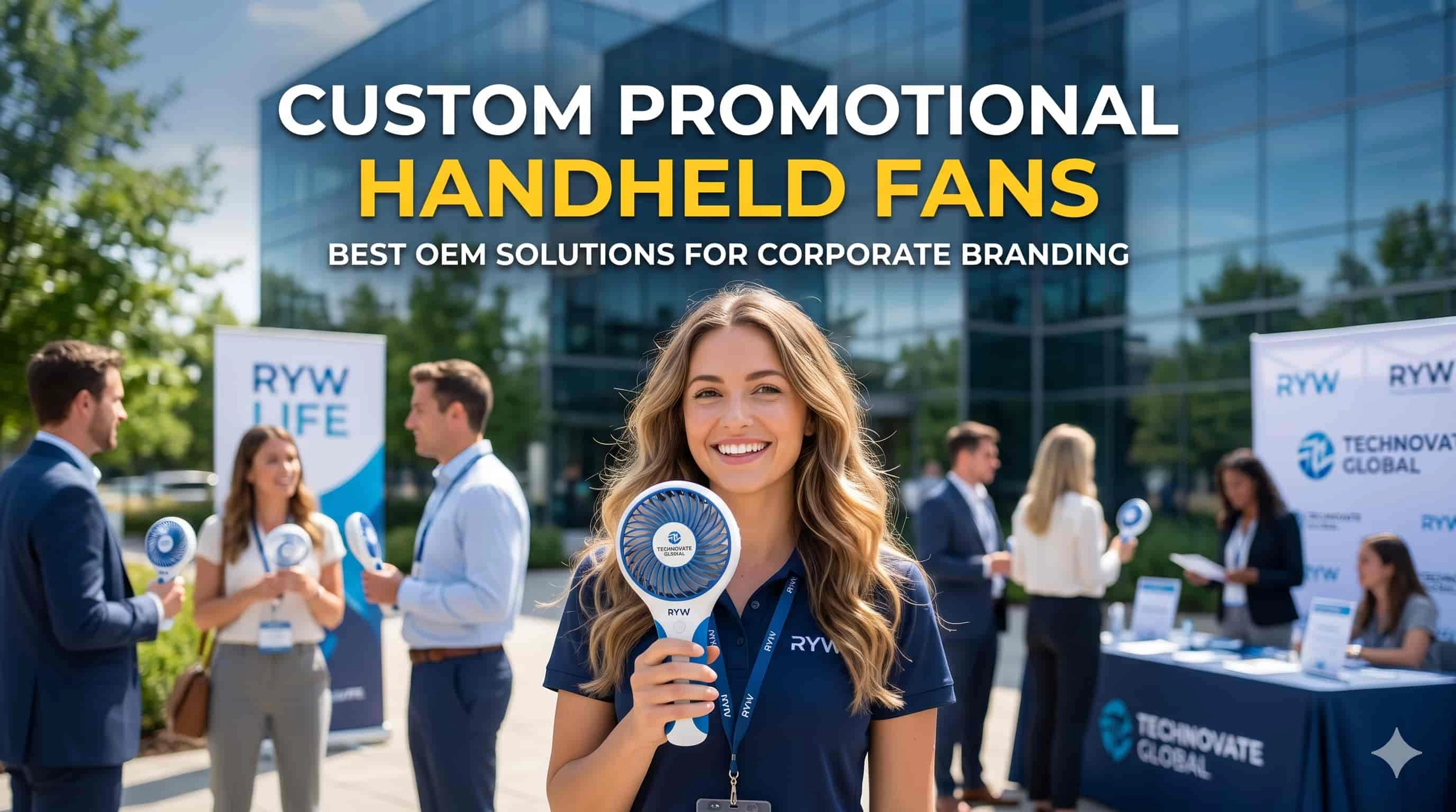 Smiling woman holding a custom promotional handheld fan at a corporate event. - RYW