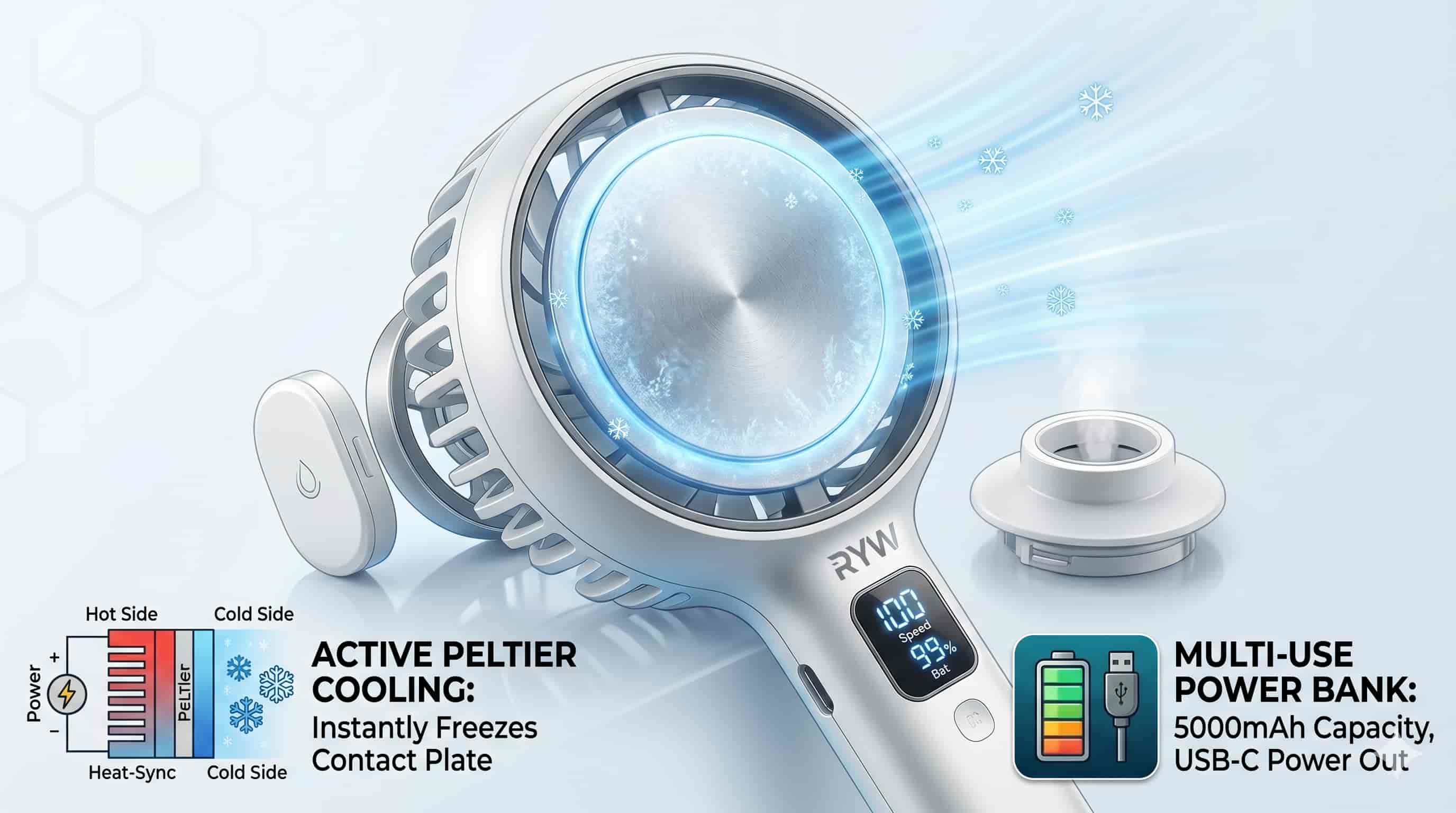 Portable fan with active Peltier cooling plate and built-in power bank.