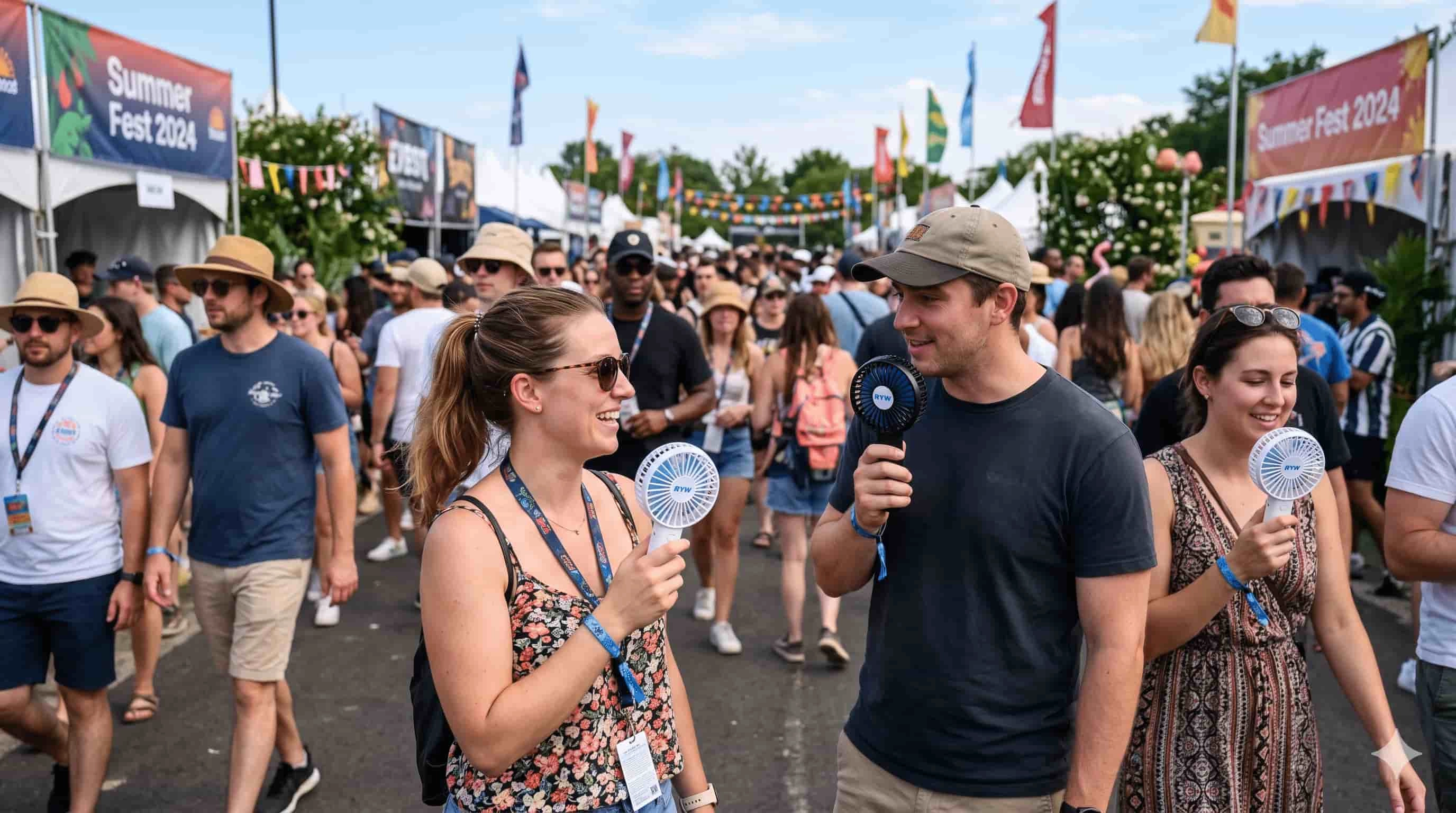 Crowd at Summer Fest 2024 using handheld fans to stay cool. - RYW