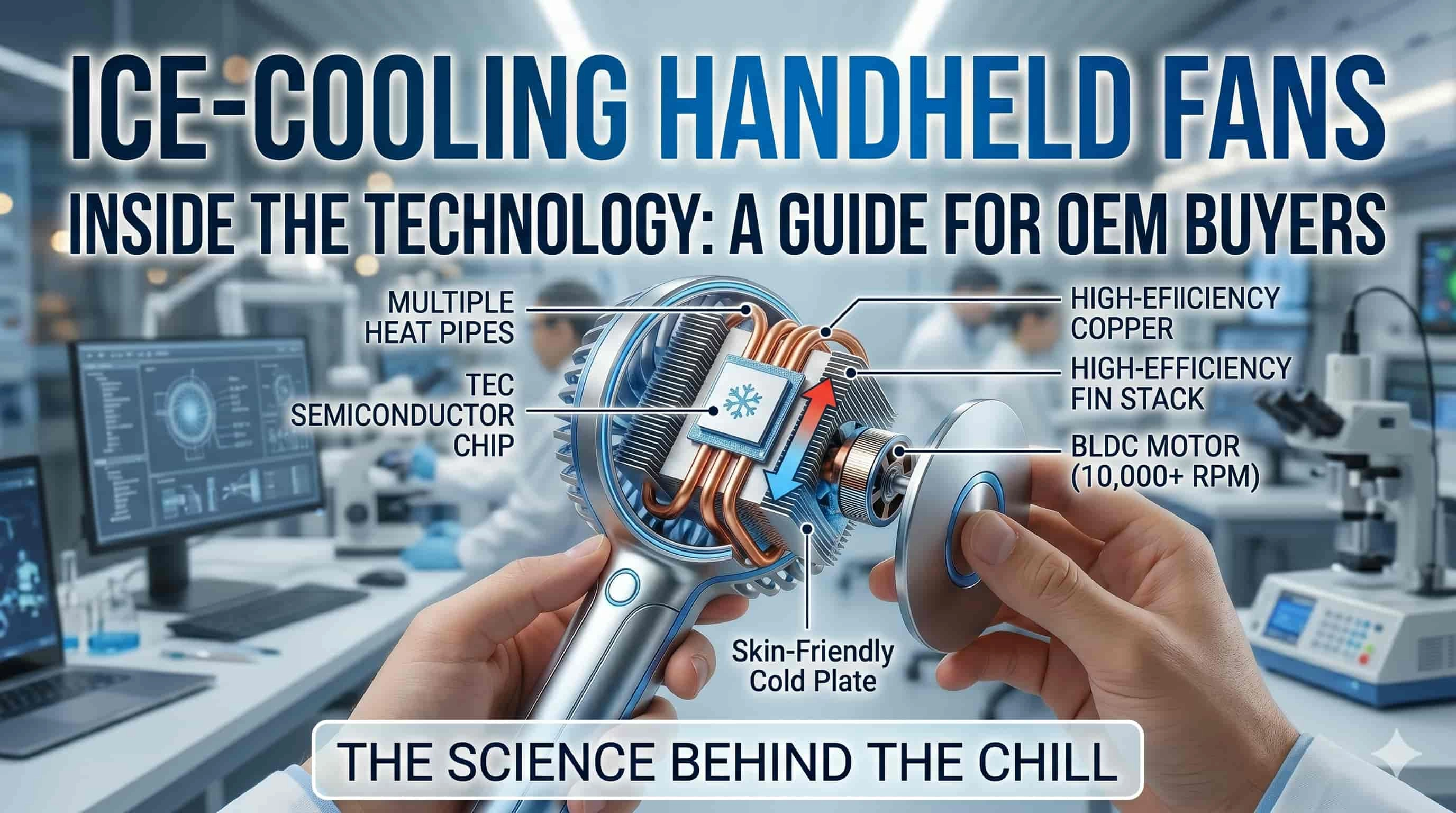 Diagram showing the internal technology of an ice-cooling handheld fan. - RYW