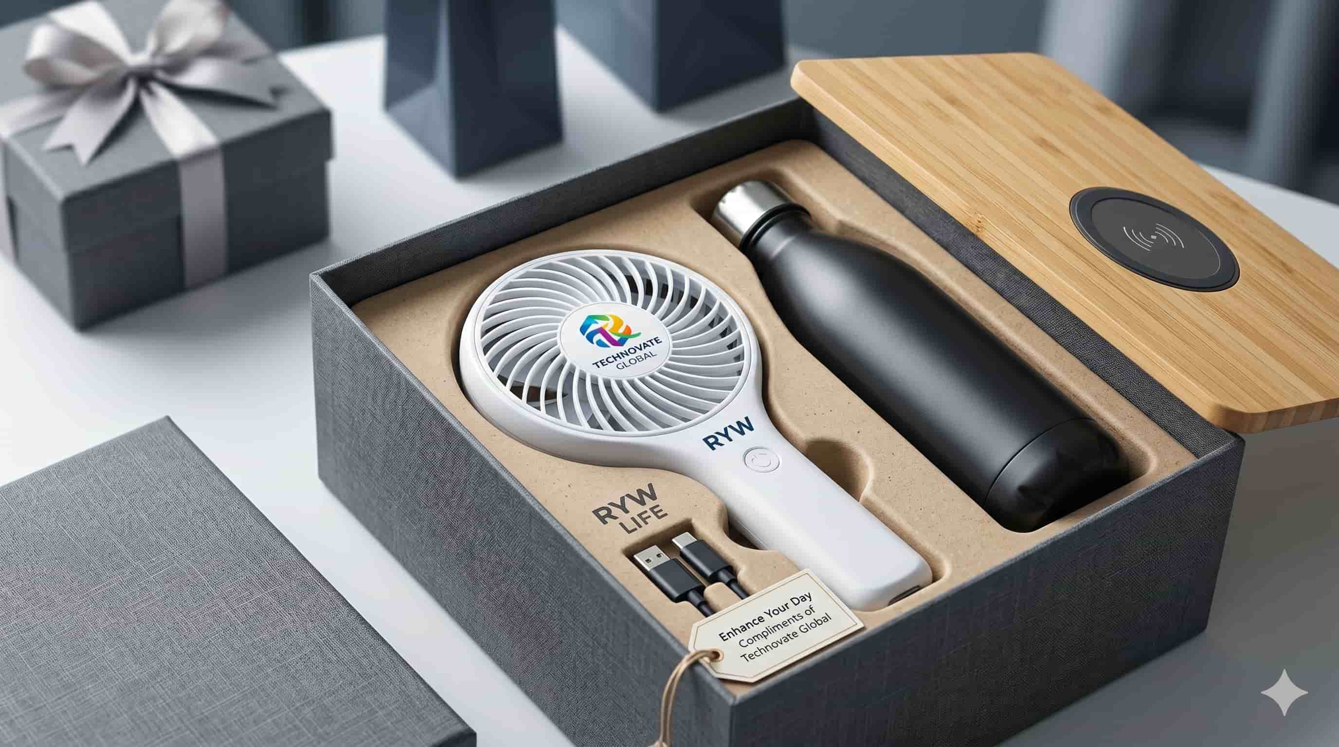 Corporate gift box with a portable fan, water bottle, and charging cable.