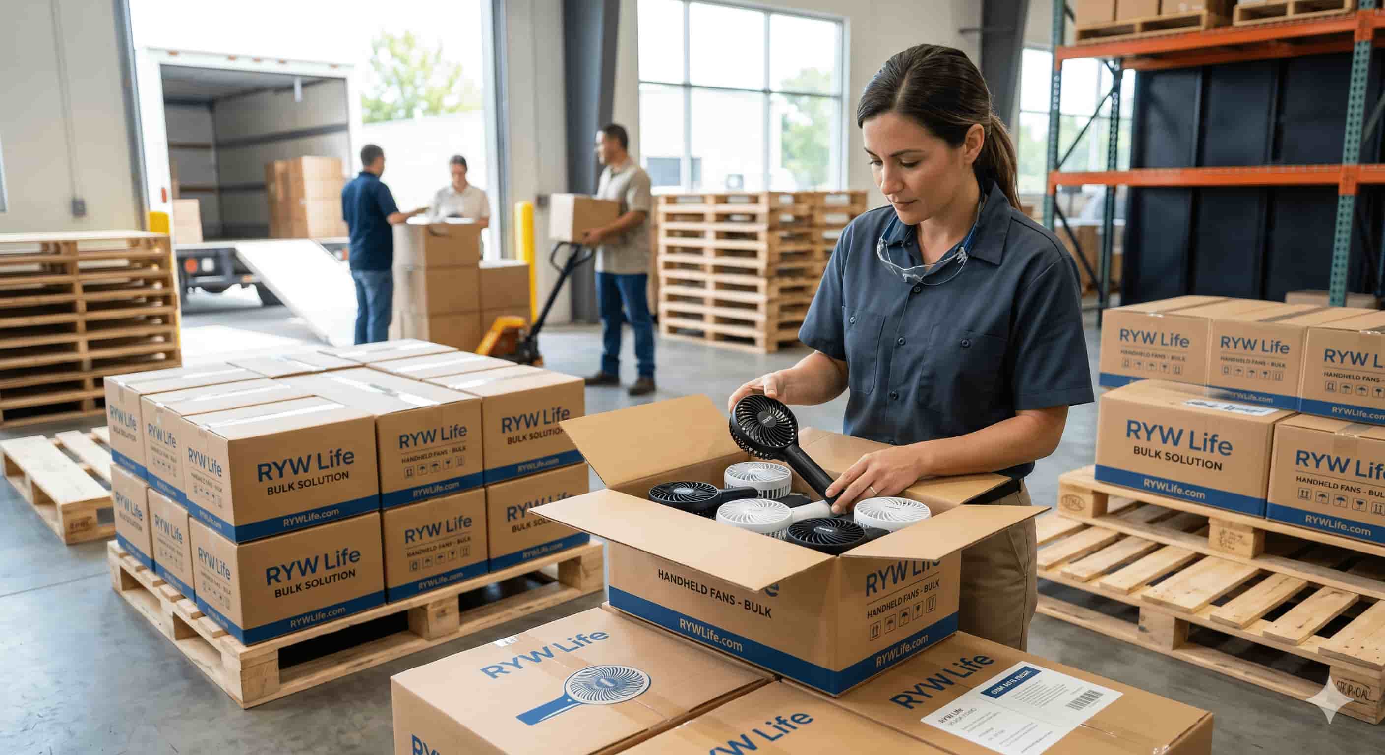 A warehouse worker packs handheld fans into RYW Life boxes for bulk shipment.