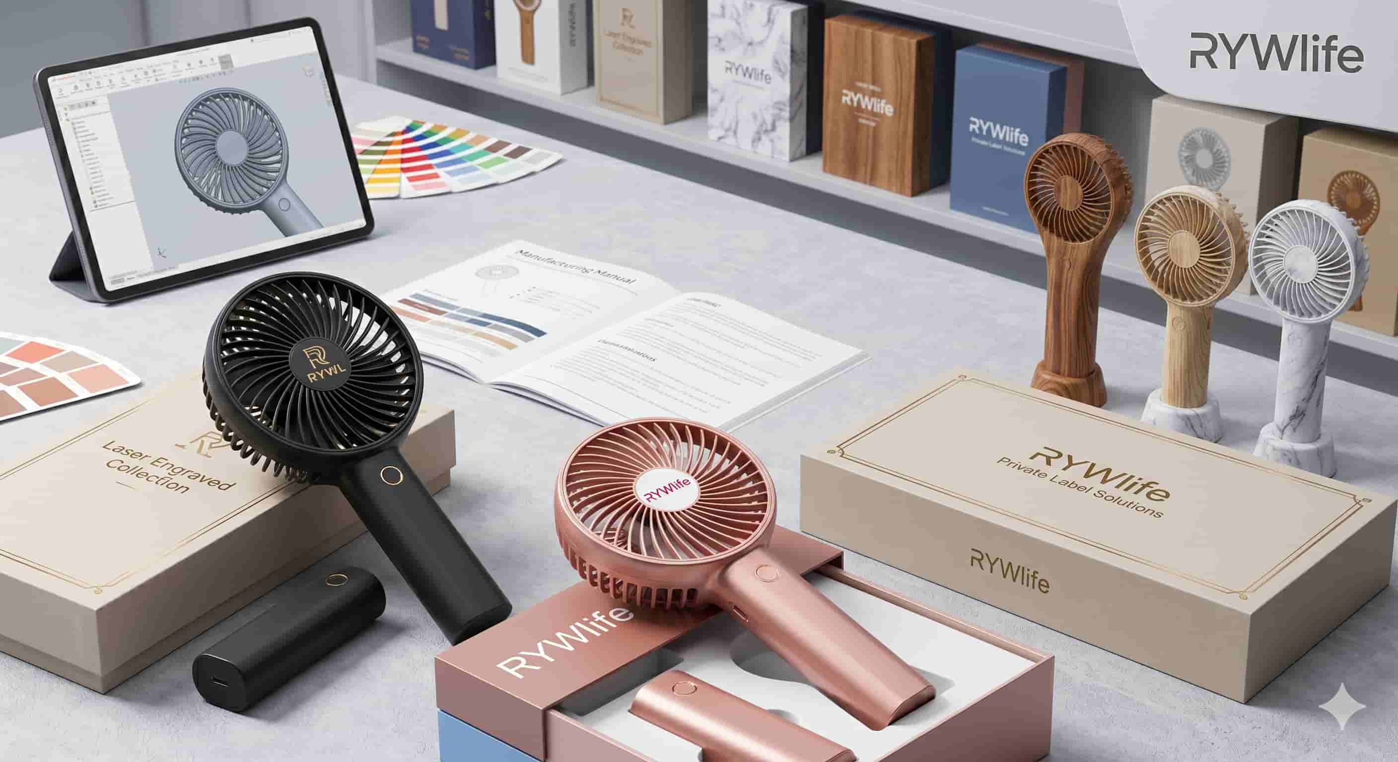 RYWlife handheld fans in various finishes with packaging and design tablet. RYWlife handheld fans in various finishes with packaging and design tablet.