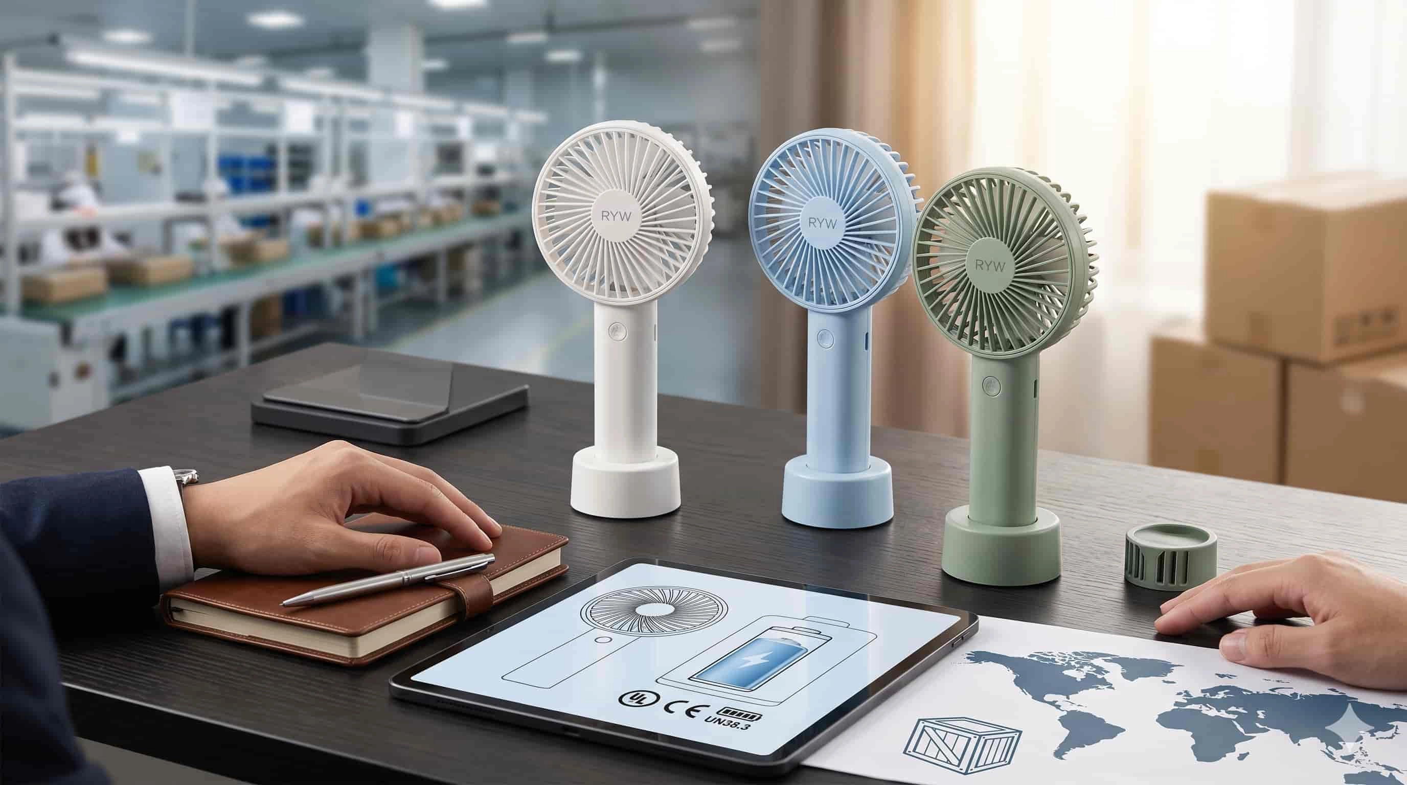 Three handheld fans in white, blue, and green on a desk with a tablet and notebook. - RYW