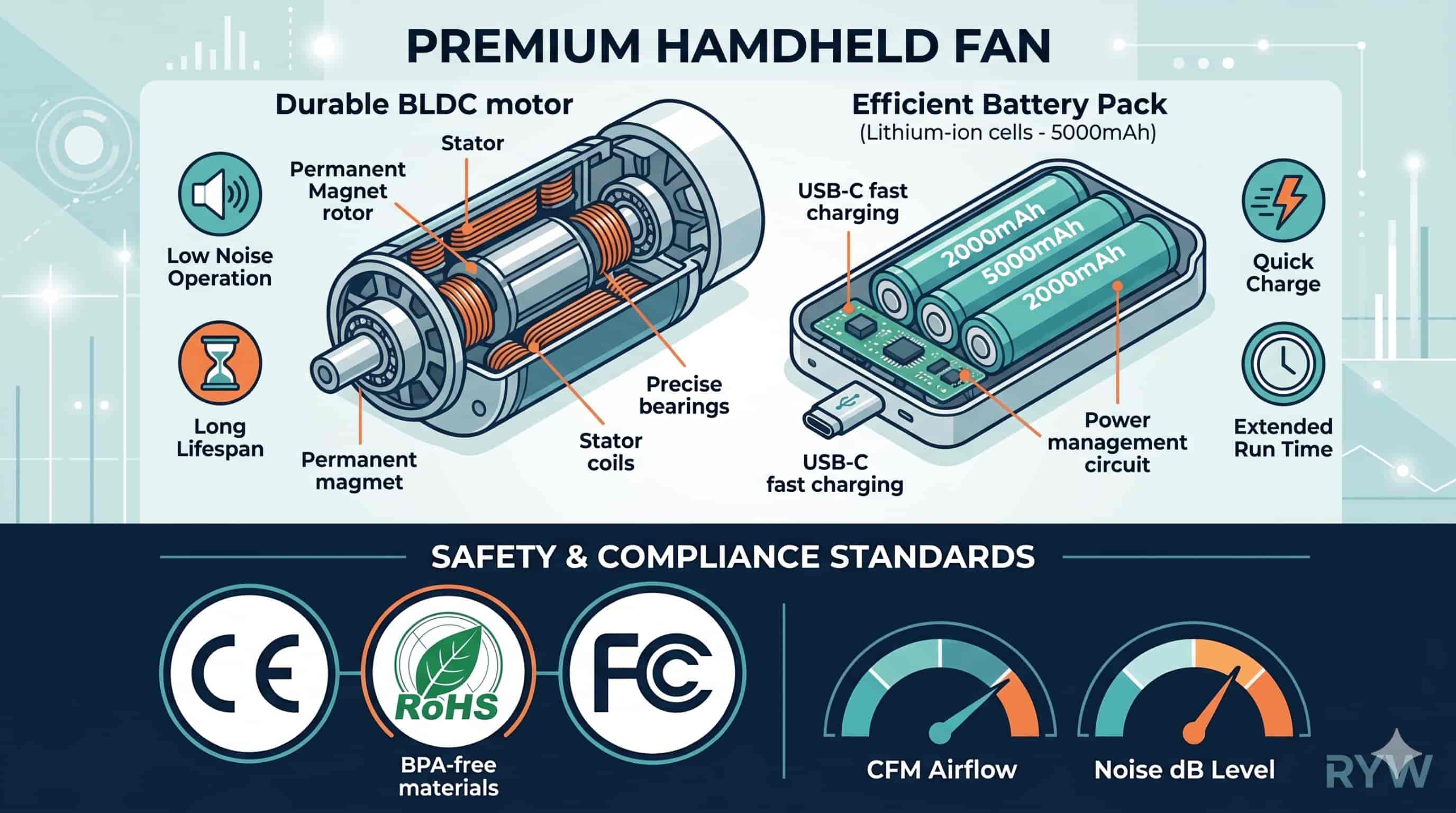 Diagram of handheld fan BLDC motor, battery pack, and safety certifications.