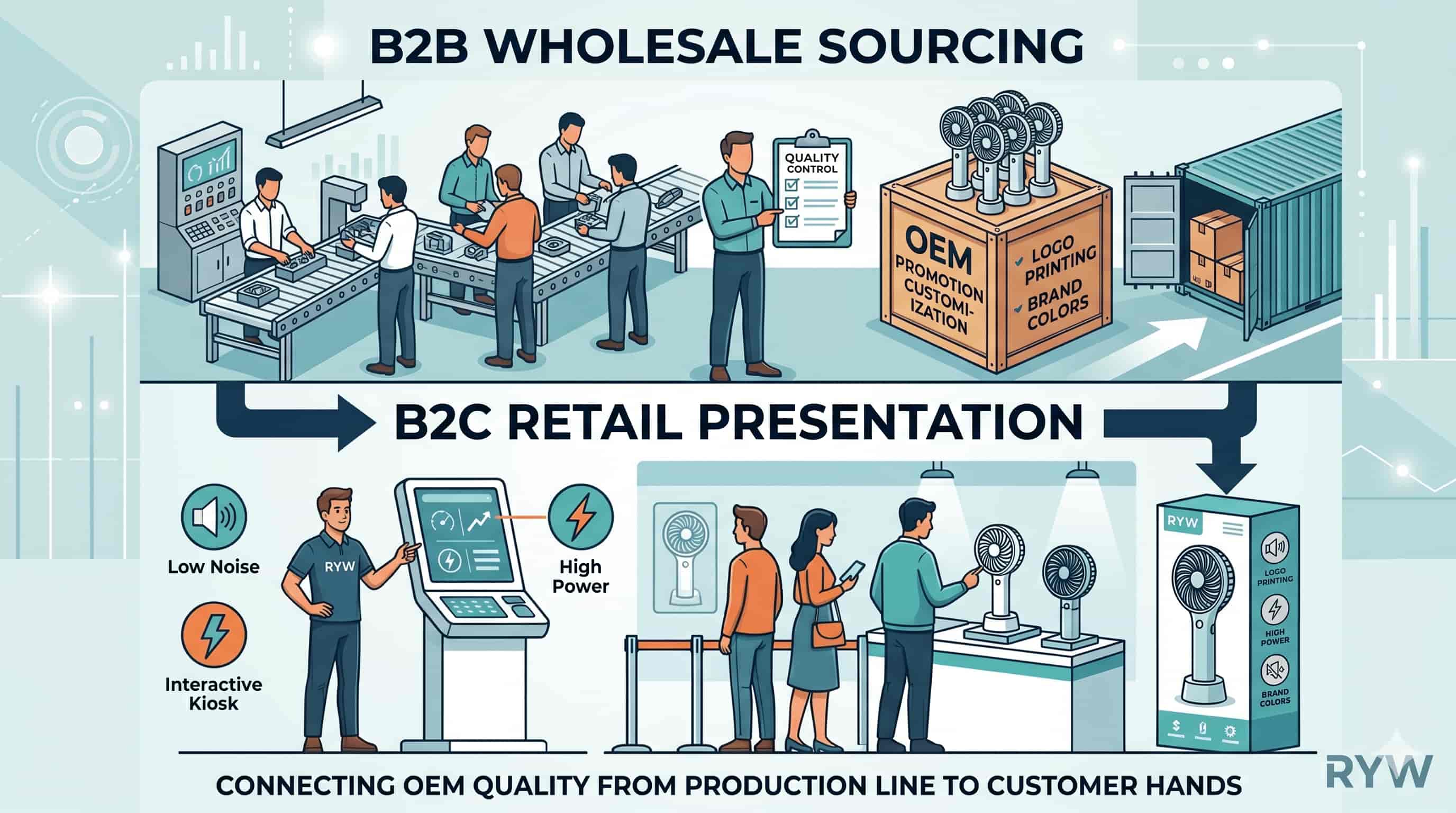 Infographic of B2B wholesale sourcing and B2C retail presentation process.