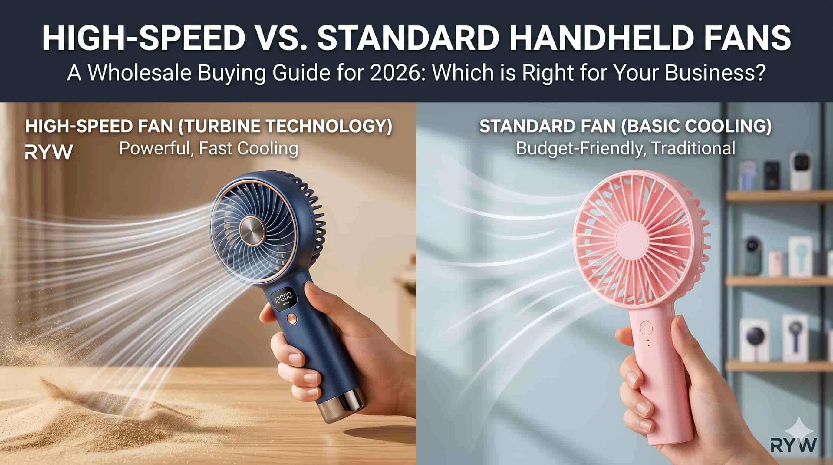 Comparison of a high-speed turbine handheld fan and a standard pink handheld fan. - RYW