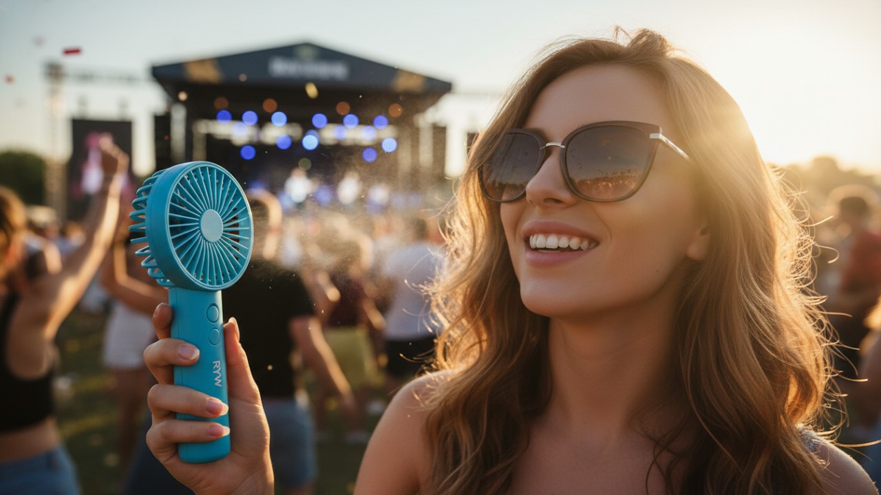 Person using a blue branded mini fan at an outdoor festival