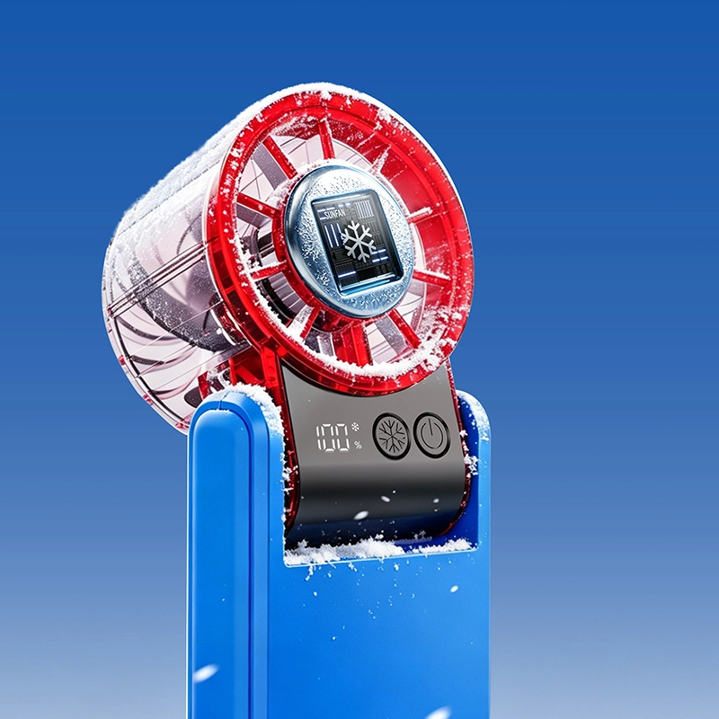 supfan-portable-cooling-hand-fan-icy-cooling-closeup - RYW Portable Cooling Hand Fan close-up, Supifan red-blue mini handheld cooler fan with icy frost cooling effect - RYW