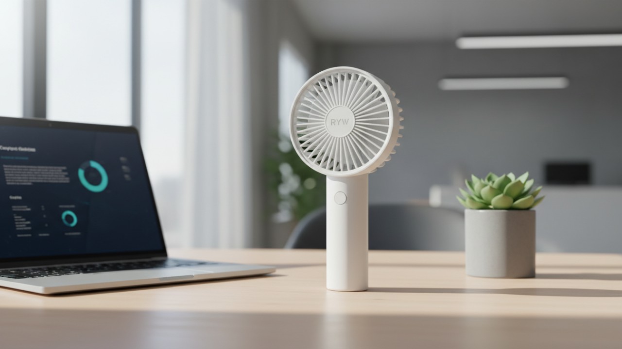 Sleek white custom mini fan with logo on a wooden desk
