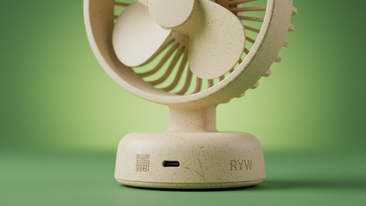 Sustainable wheat straw mini fan with QR code and USB charging port
