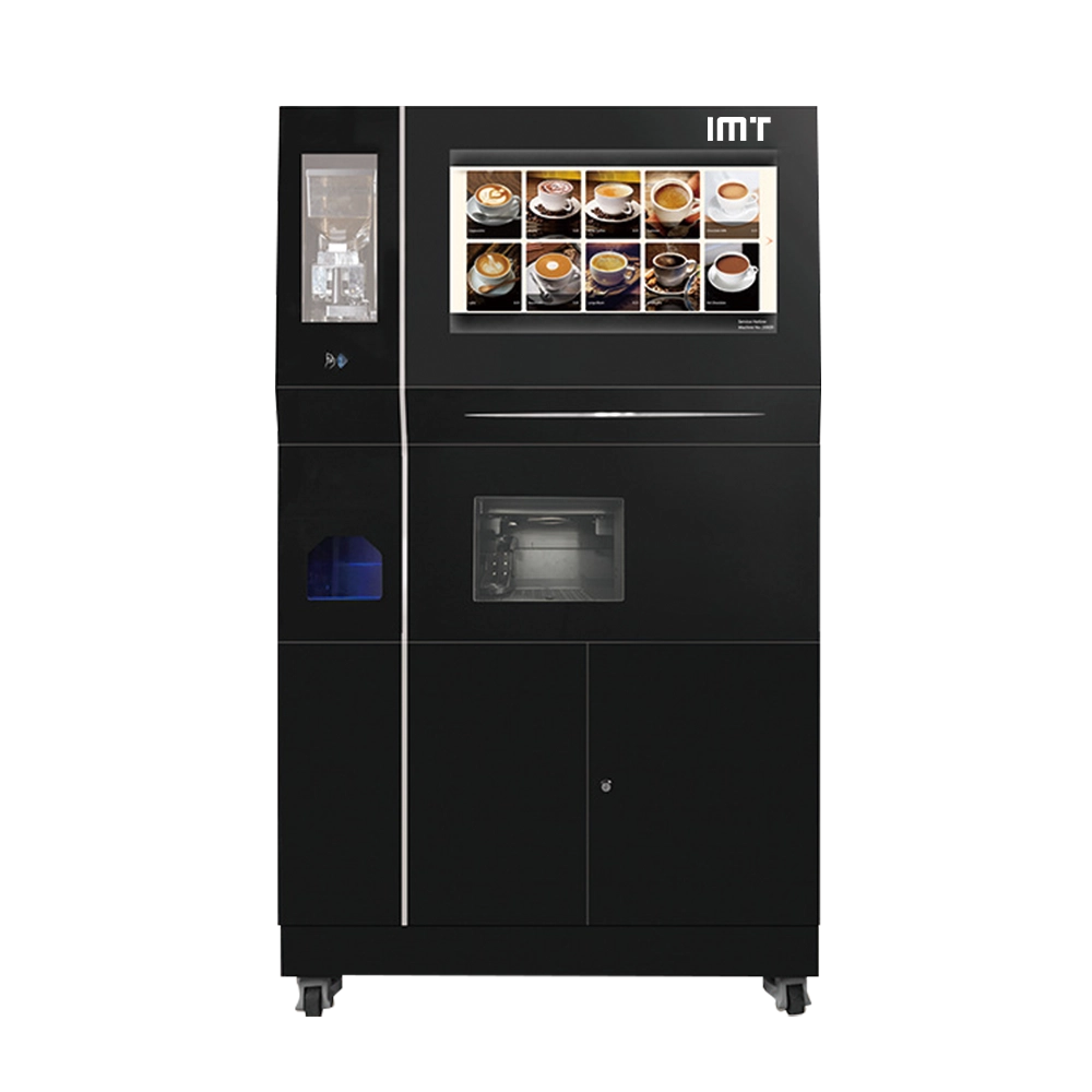 Black coffee vending machine with touchscreen showing various coffee options.