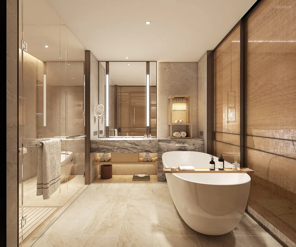 Modern luxury bathroom with marble vanity, soaking tub, and glass shower.