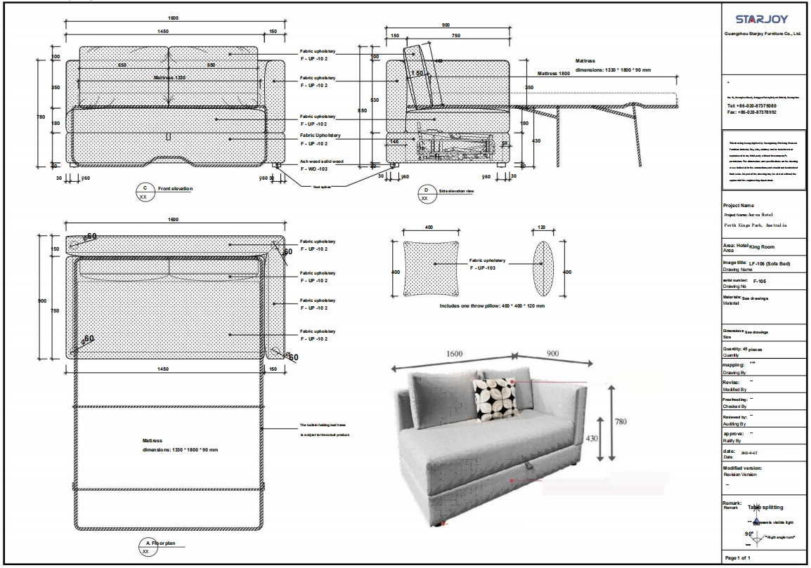 Sofa bed technical drawing with dimensions and a rendered image 2