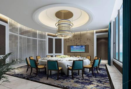 Elegant dining room with round table, chandelier, and ocean view. Elegant dining room with round table, chandelier, and ocean view.