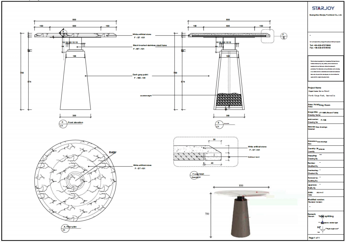 Technical drawing of a round table with dimensions, materials, and construction details. 3