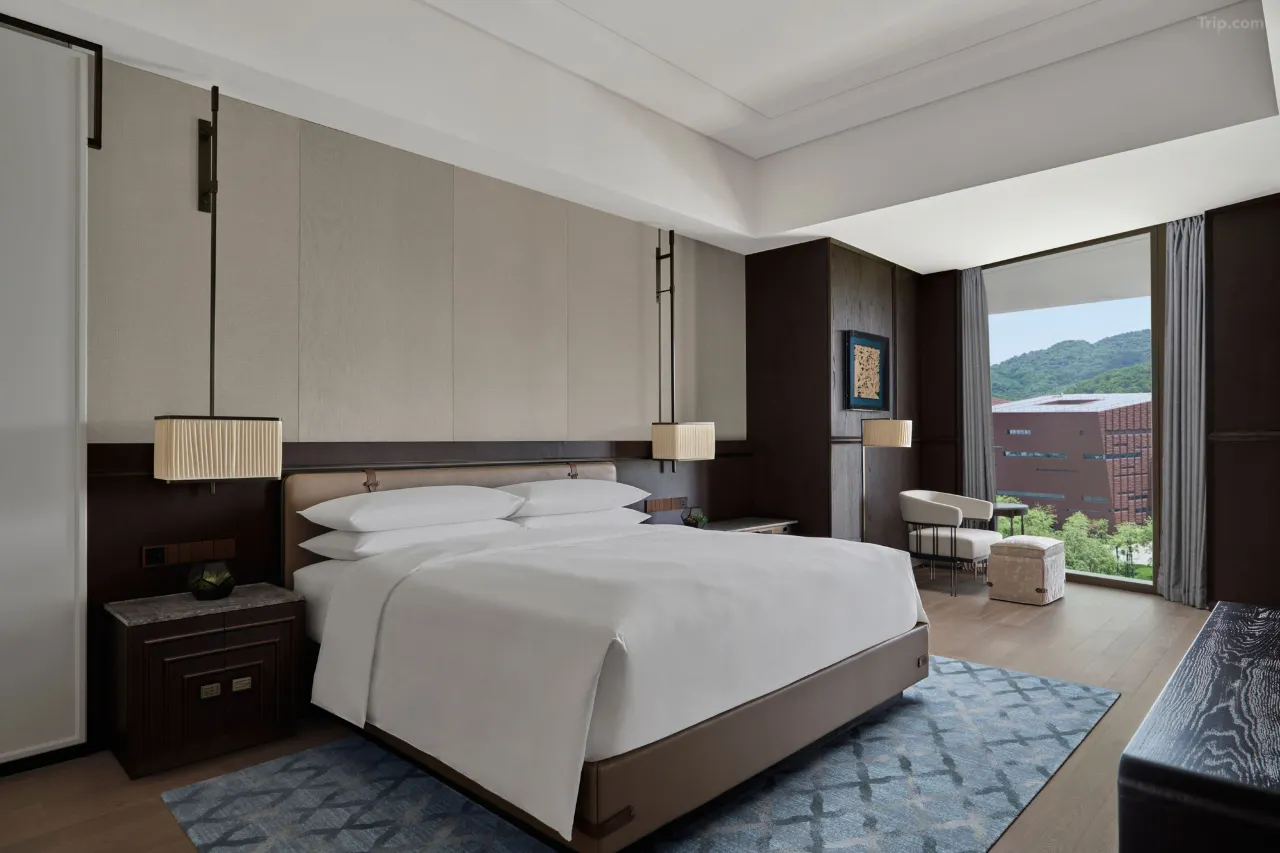 Modern luxury hotel bedroom with a large window and mountain views.