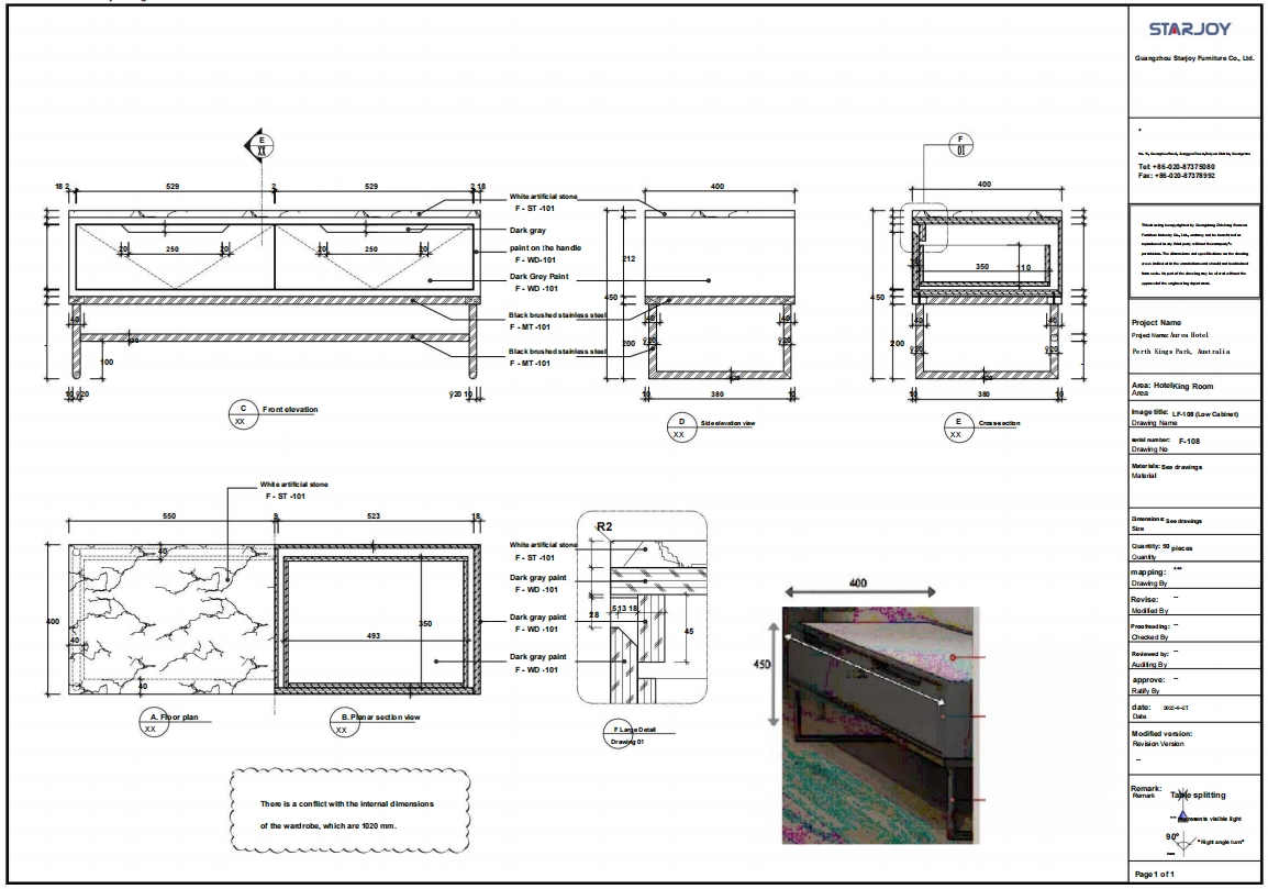 Technical drawing of a low cabinet with detailed views and specifications. 4