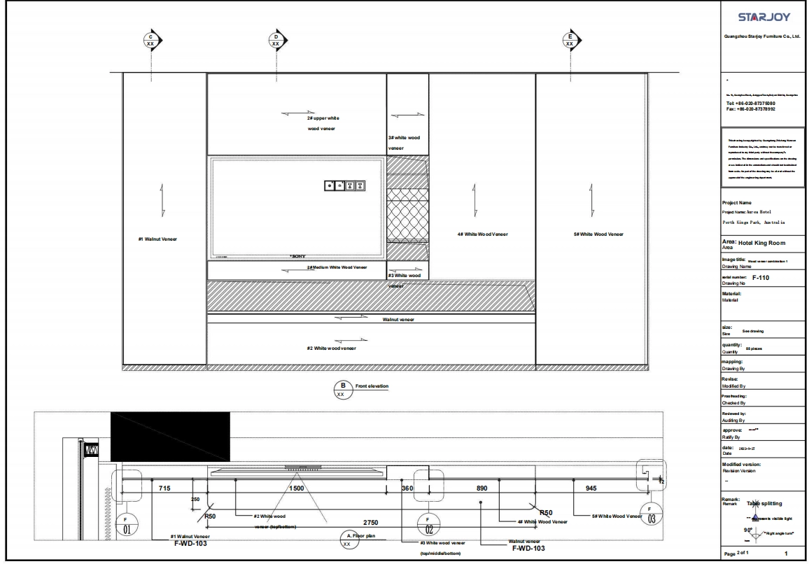 Architectural drawing of a hotel king room, detailing furniture and material specifications. 5